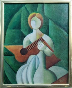 Vintage Swedish Cubist Figurative Framed Oil Painting - The Guitar Player