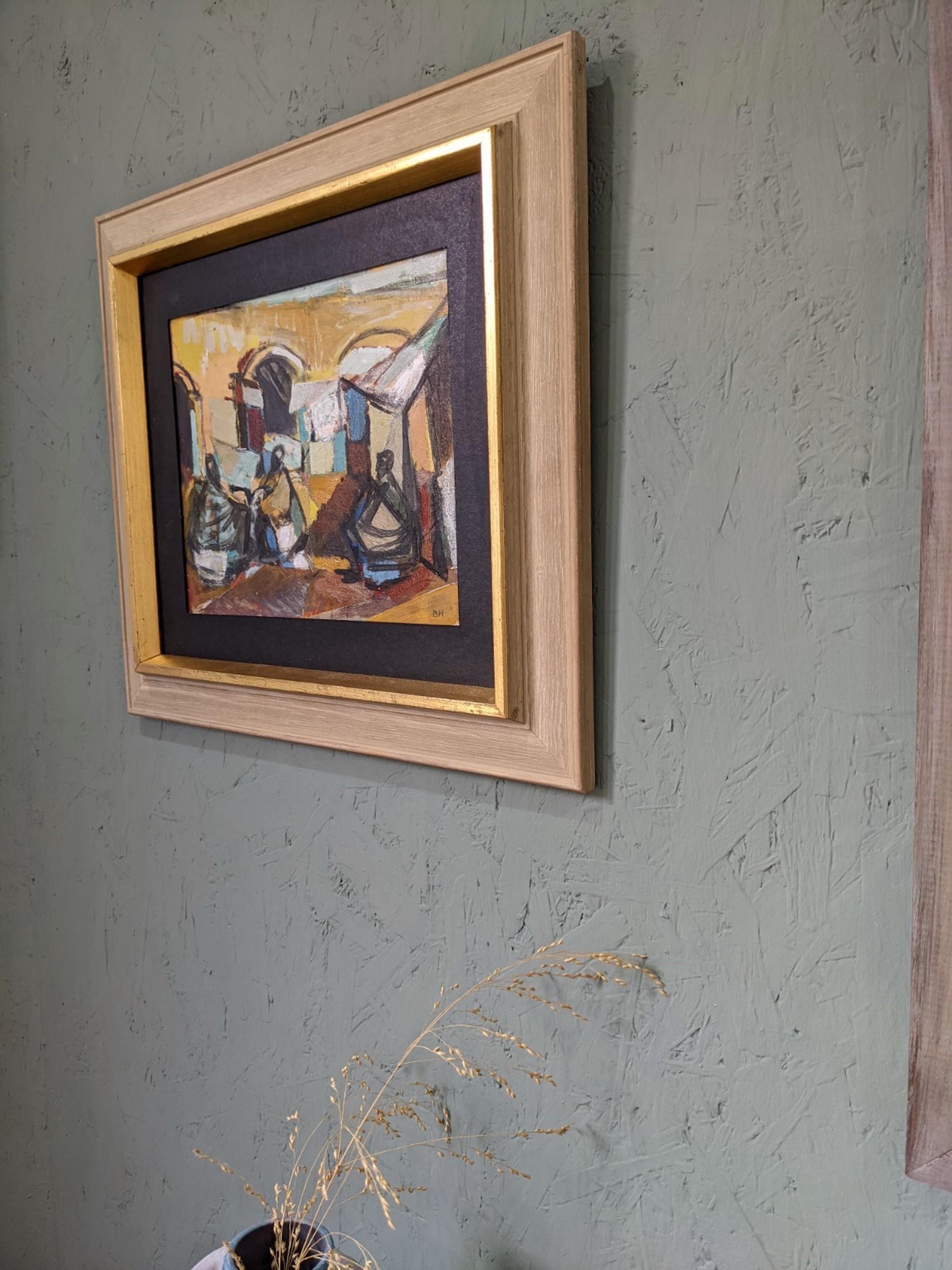 Pintura al óleo figurativa sueca vintage, Brita Hansson - Plaza del mercado - Painting Moderno de Unknown