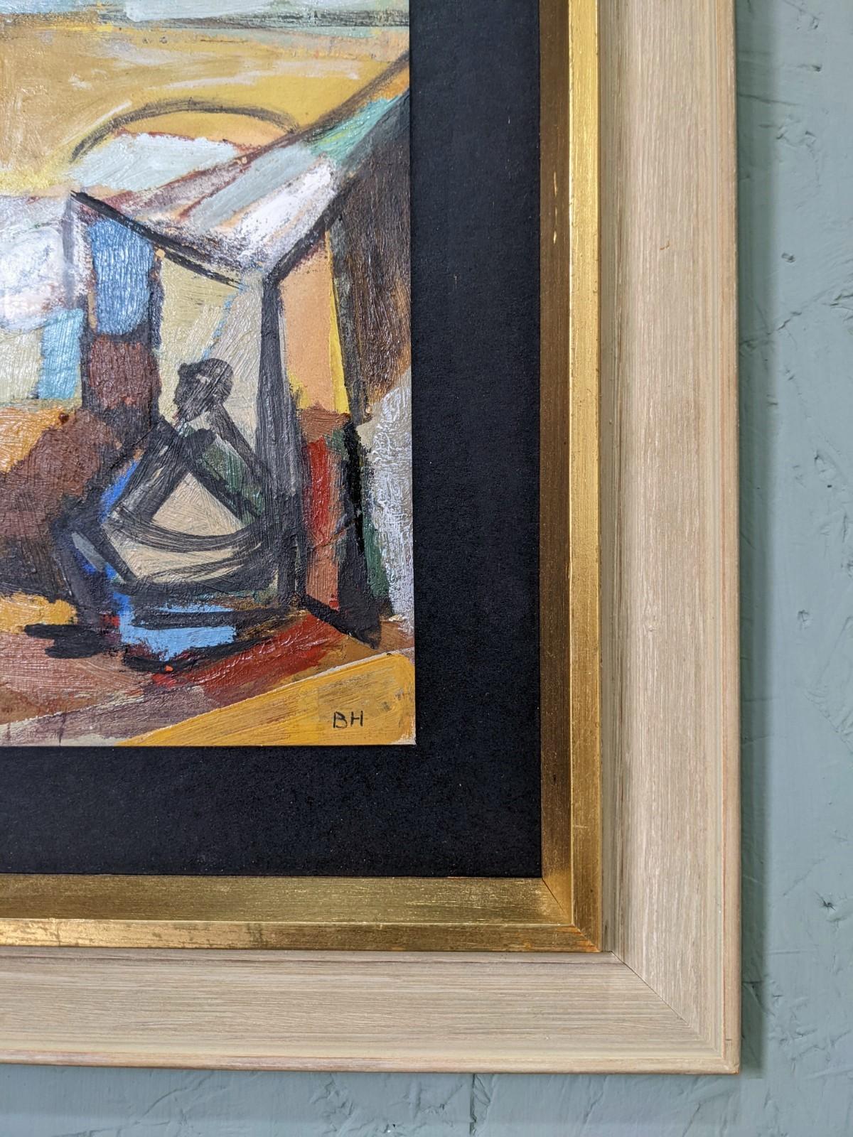 PLAZA DEL MERCADO 
Tamaño: 37 x 42 cm (incluido el marco)
Óleo sobre papel colocado sobre tabla

Escena modernista de mediados de siglo, pintada al óleo sobre papel y colocada sobre tabla, de la reconocida artista sueca Brita Hansson
