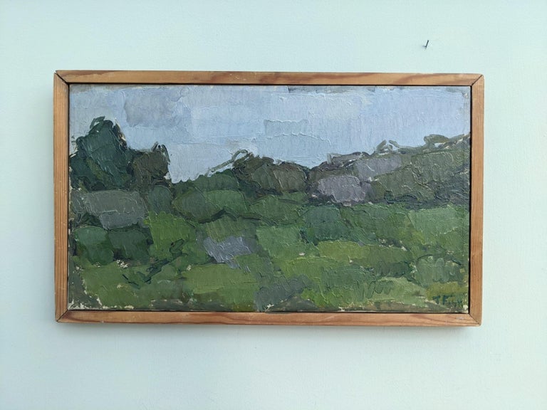 Vintage Swedish Framed Abstract Landscape Oil Painting - Greenery - Gray Landscape Painting by Unknown