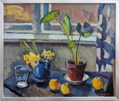 Vintage Swedish Framed Modernist Style Oil Painting - Still Life with Daffodils