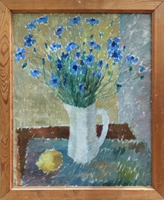Vintage Swedish Framed Modernist Style Still Life Oil Painting - Cornflowers