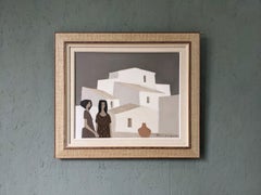 Vintage Swedish Mid-Century Framed Figurative Oil Painting - By the Houses