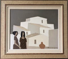 Vintage Swedish Mid-Century Framed Figurative Oil Painting - By the Houses