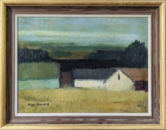 Vintage Swedish Mid-Century Framed Landscape Oil Painting - Field Barns