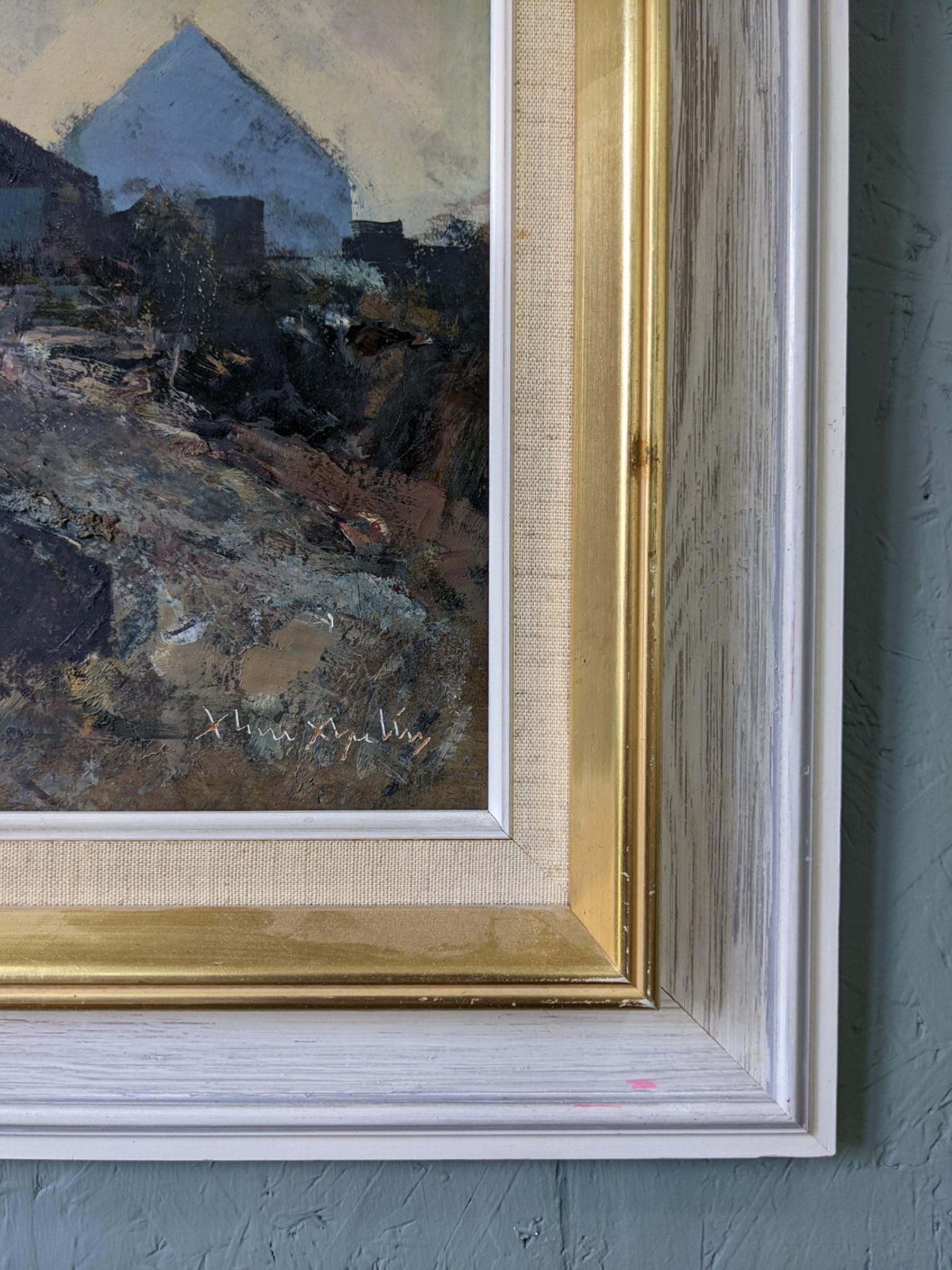 Pintura al óleo sueca vintage de mediados de siglo sobre un paisaje - Casa del amanecer 2