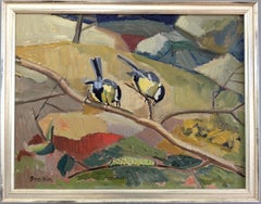 Vintage Swedish Mid-Century Landscape with Birds Framed Oil Painting - Perch