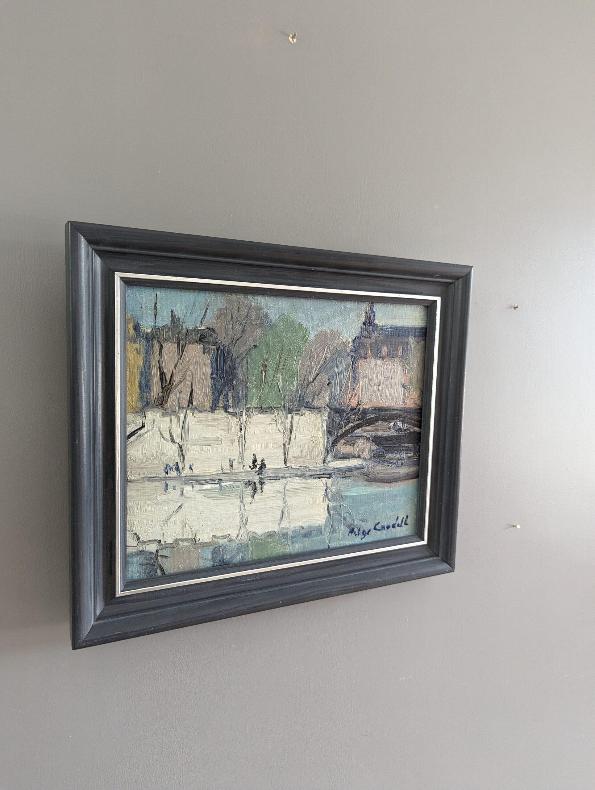 Vintage Swedish Mid-Century Mini Landscape Framed Oil Painting - River Walk 7