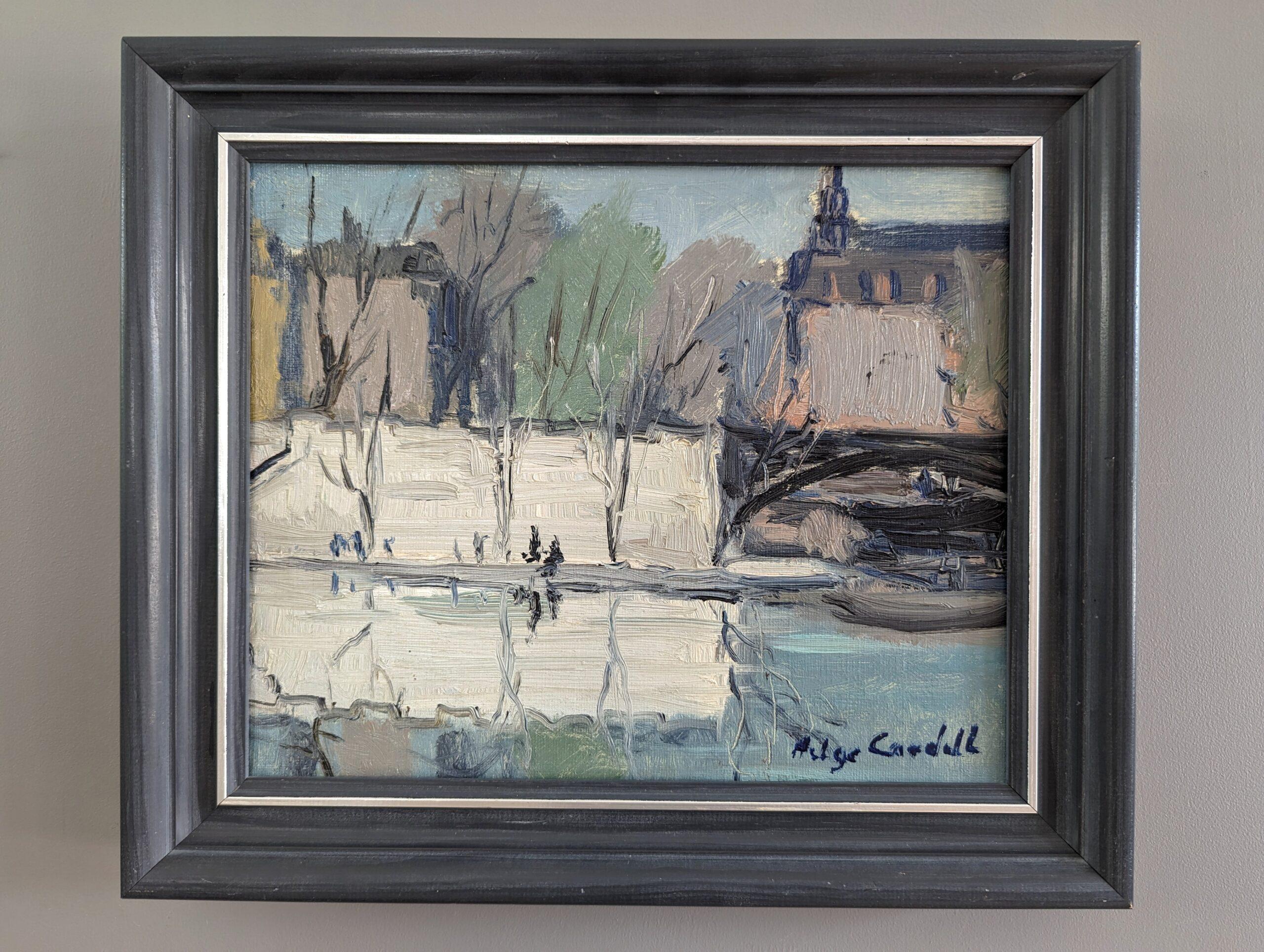 Vintage Swedish Mid-Century Mini Landscape Framed Oil Painting - River Walk - Gray Landscape Painting by Unknown