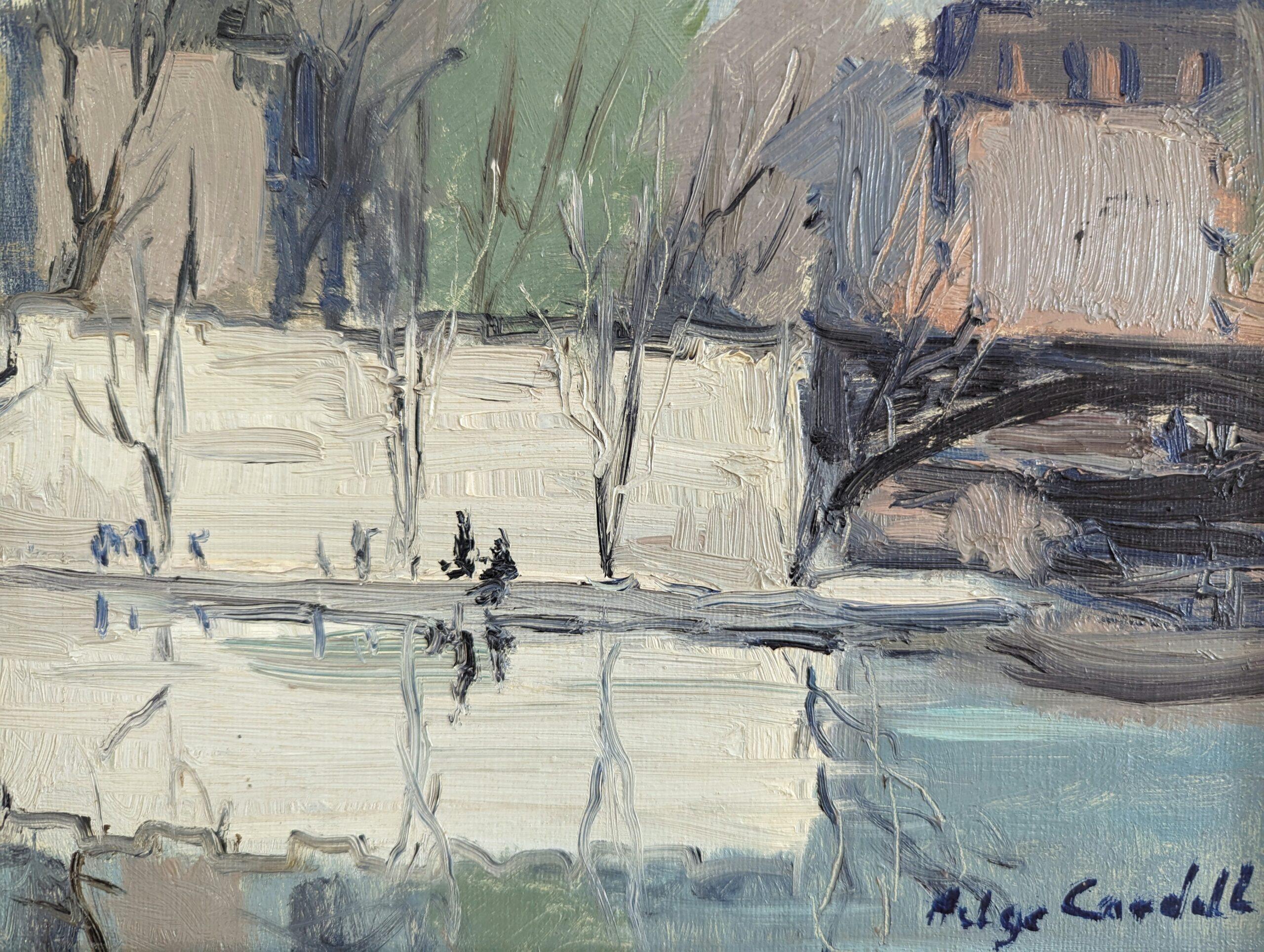 RIVER WALK
Size: 29 x 34 cm (including frame)
Oil on Canvas

A serene and atmospheric mid-century semi-abstract composition, executed in oil onto canvas.

A body of water fills the foreground of the painting, serving as a mirror as it reflects the