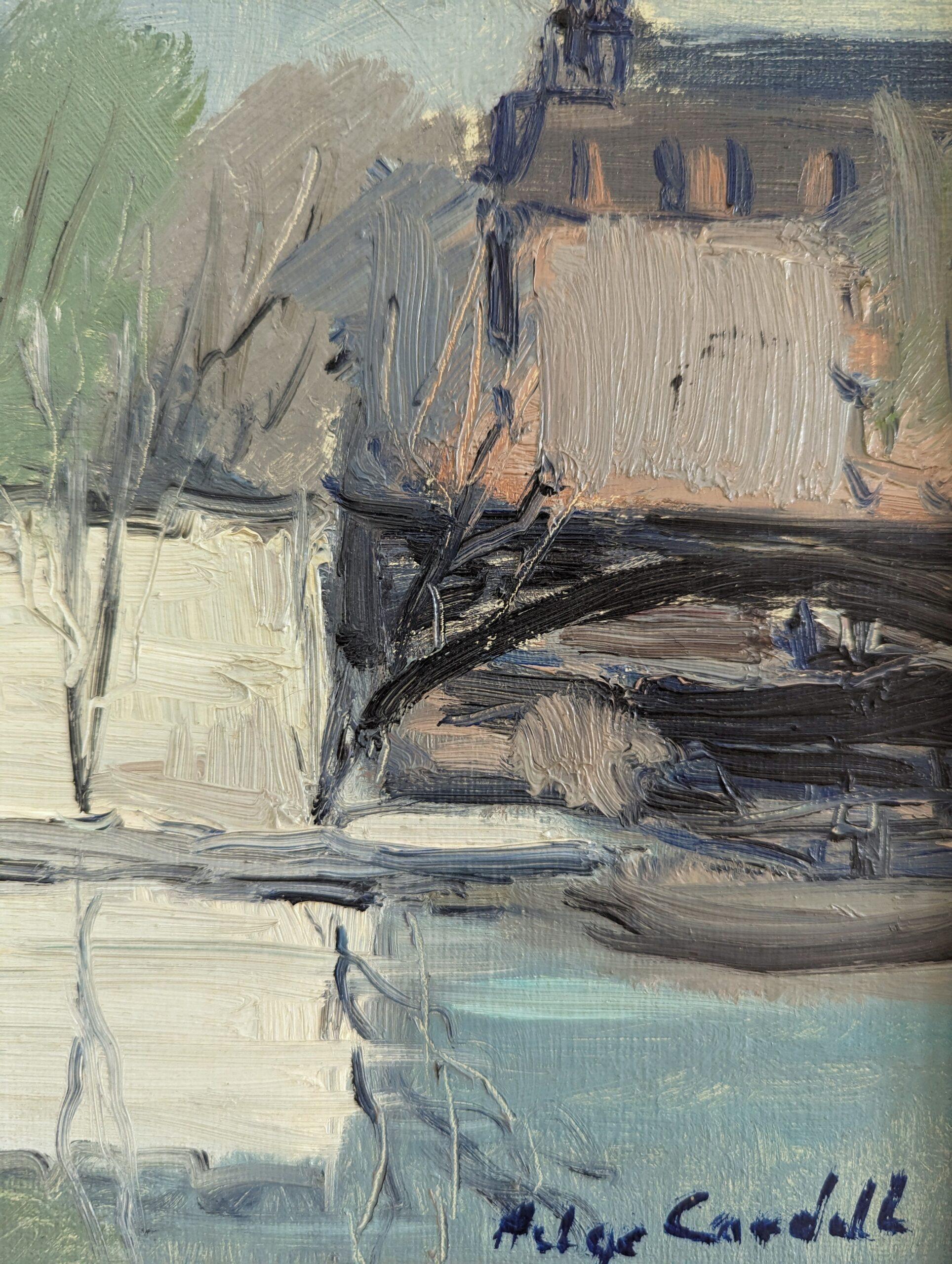 Vintage Swedish Mid-Century Mini Landscape Framed Oil Painting - River Walk 2