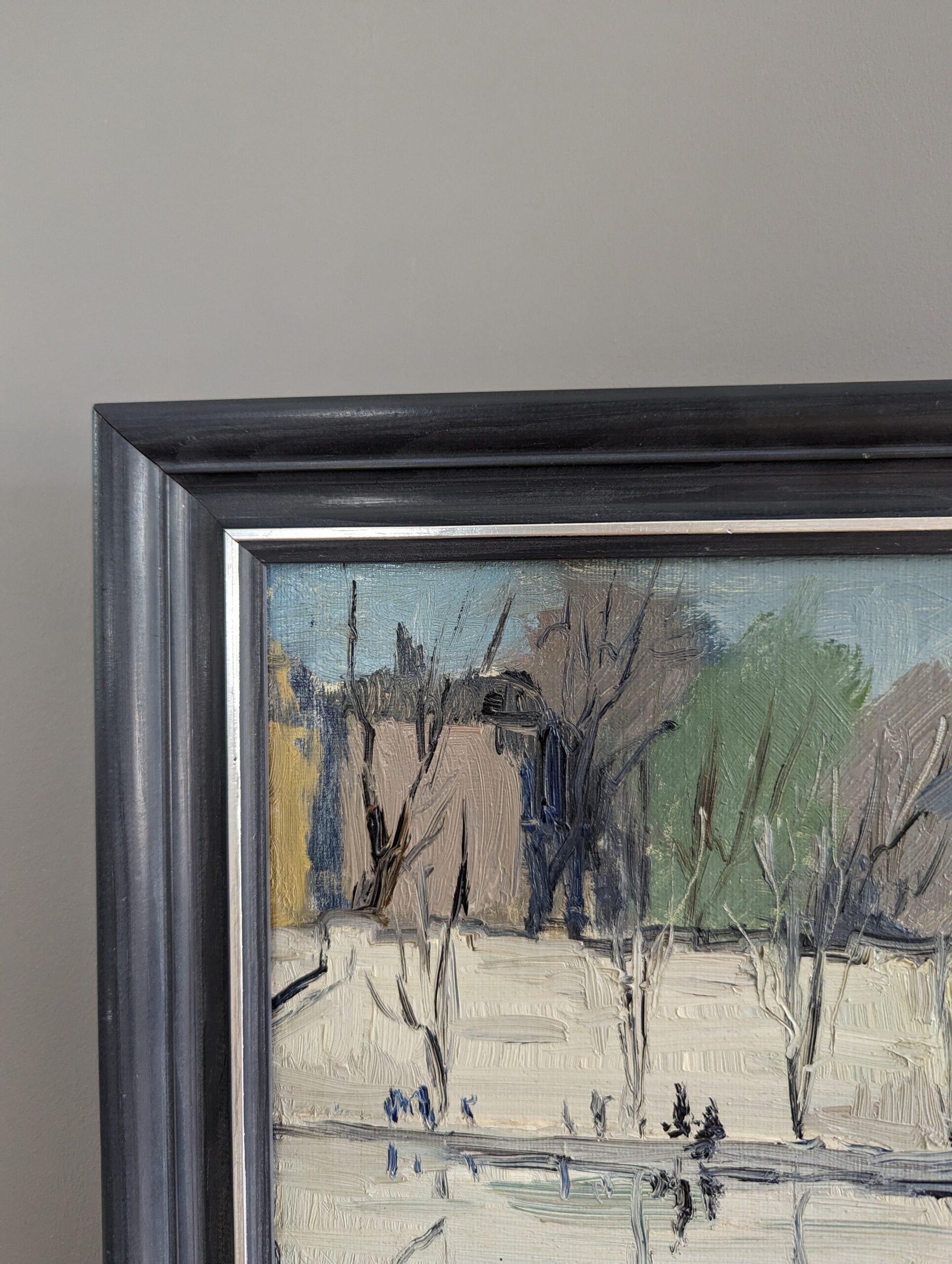 Vintage Swedish Mid-Century Mini Landscape Framed Oil Painting - River Walk 5