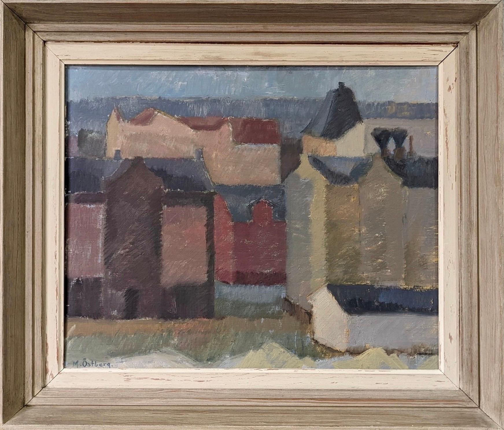 Unknown Landscape Painting - Vintage Swedish Mid-Century Modern Cityscape Framed Oil Painting - Facades