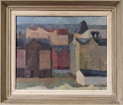 Vintage Swedish Mid-Century Modern Cityscape Framed Oil Painting - Facades