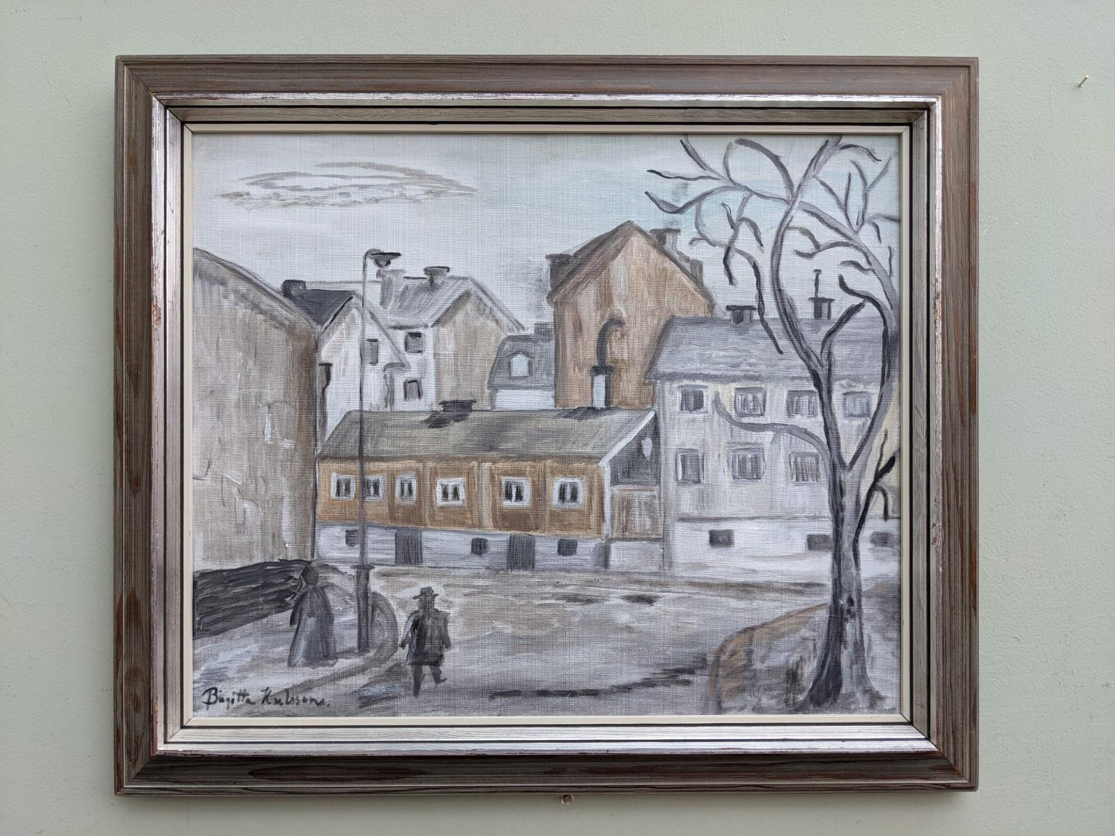 STROLL
Size: 47 x 55 cm (including frame)
Oil on Canvas

An expressive mid century modernist street scene composition, executed in oil onto canvas.

Working under a  mostly monochrome palette, this artwork presents 2 figures walking through a quiet