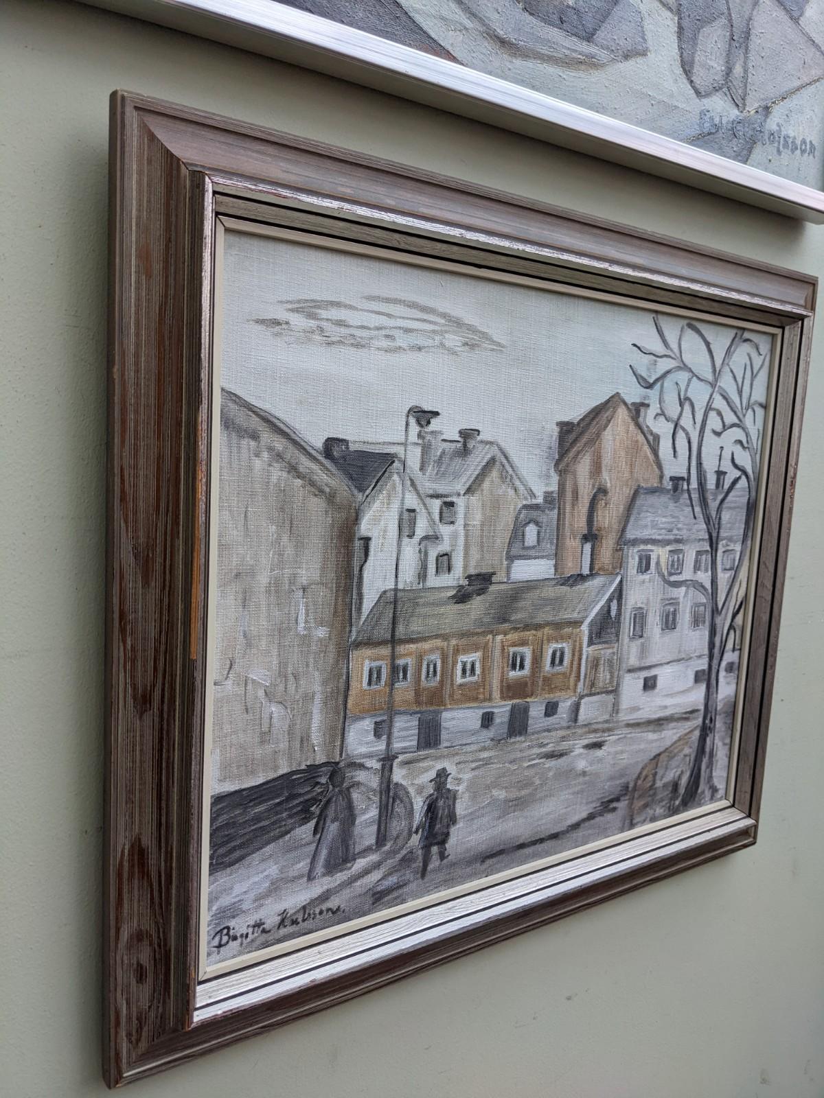 Vintage Swedish Mid-Century Modern Street Scene Framed Oil Painting - 