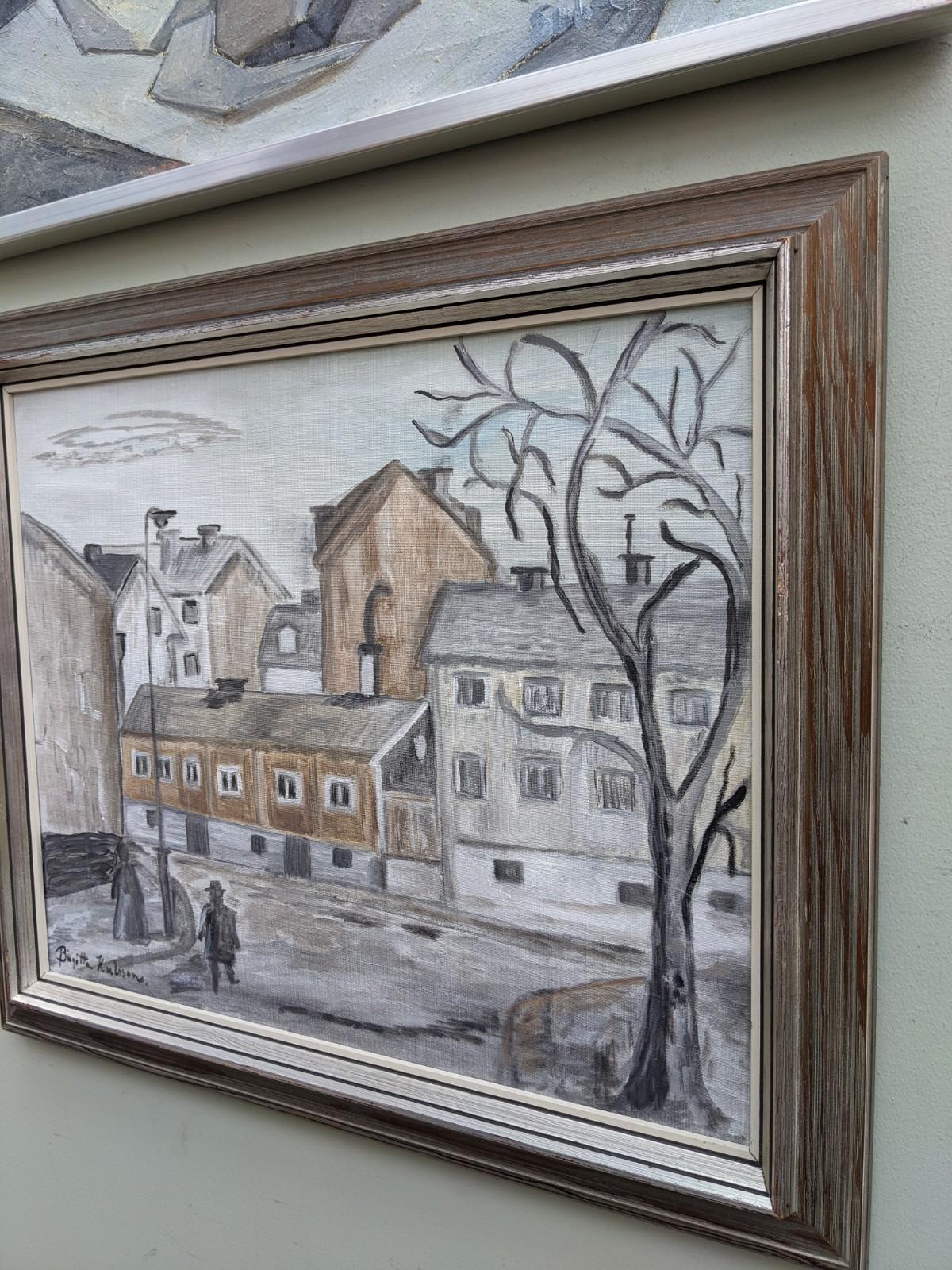 Vintage Swedish Mid-Century Modern Street Scene Framed Oil Painting - 