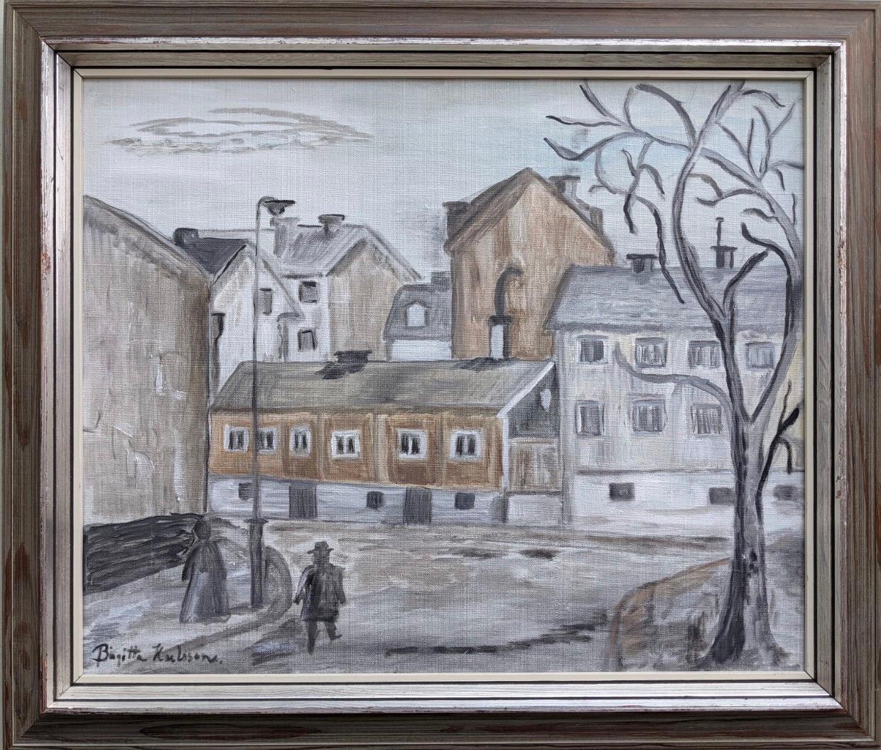 Unknown Landscape Painting - Vintage Swedish Mid-Century Modern Street Scene Framed Oil Painting - "Stroll"