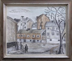 Vintage Swedish Mid-Century Modern Street Scene Framed Oil Painting - "Stroll"