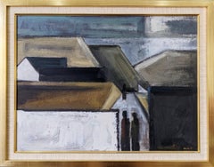 Vintage Swedish Mid-Century Street Scene Framed Oil Painting - Moonlit Rooftops