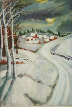 Vintage Swiss Alpine Village Landscape, Oil on Canvas, Gilt Frame 1960s