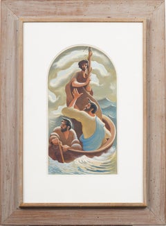 Vintage Symbolist Seascape Sailboat Framed Modernist Boat Portrait Oil Painting