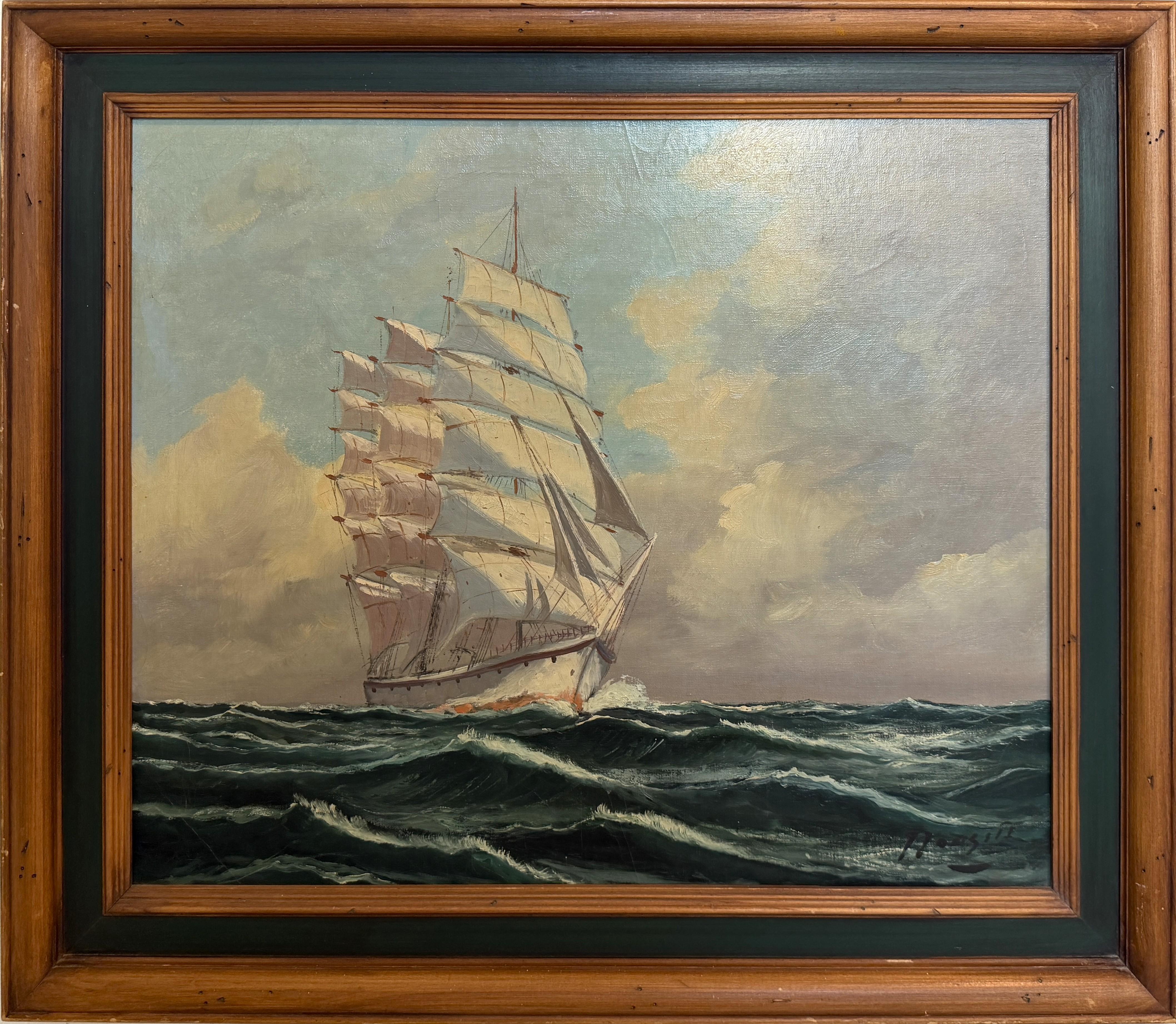 Vintage Tall Ship Oil Painting on Canvas Signed Framed Clipper Marine Seascape