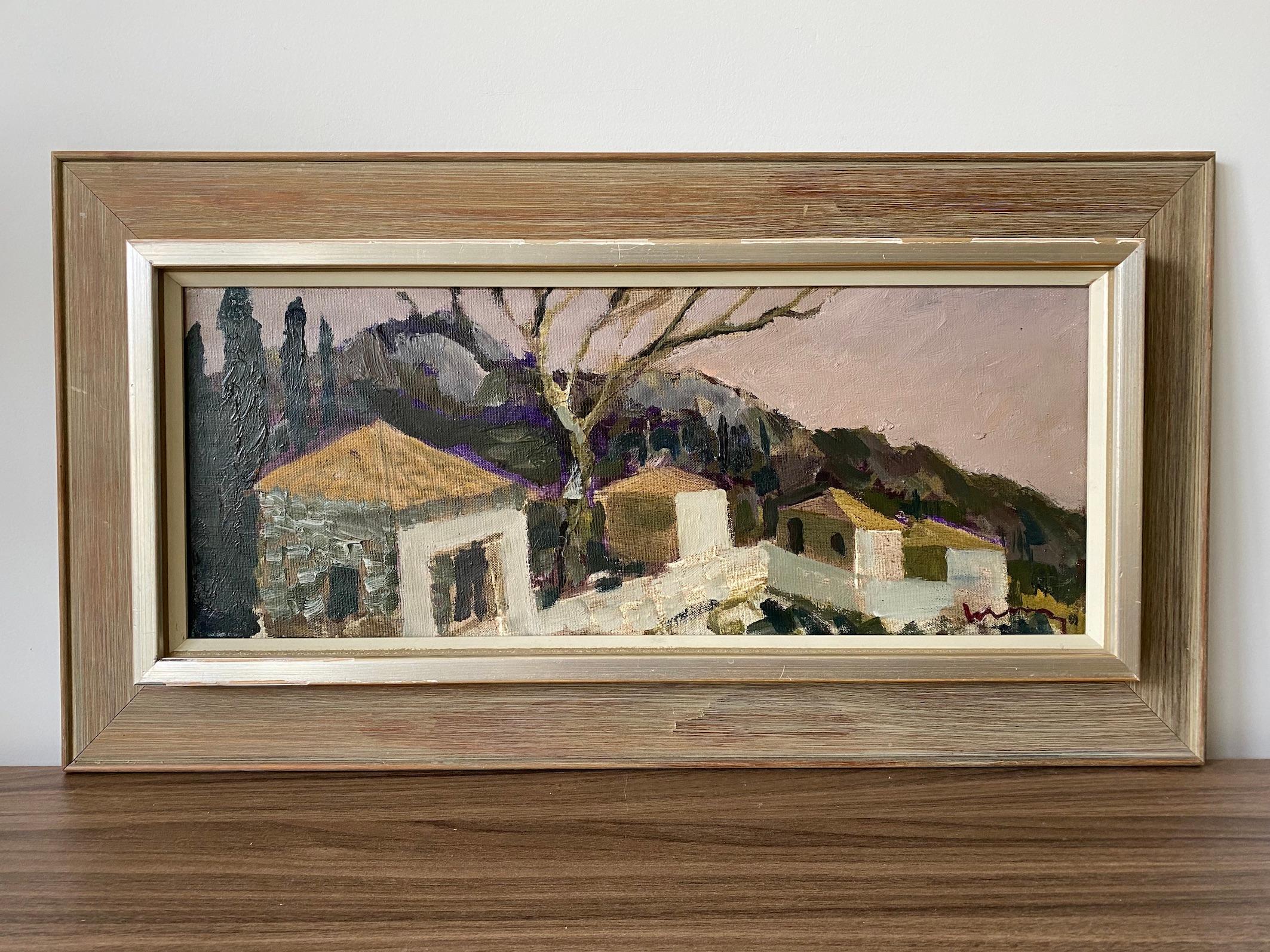 Vintage Town Landscape Framed Oil Painting Swedish Art - Sunset View - Brown Landscape Painting by Unknown