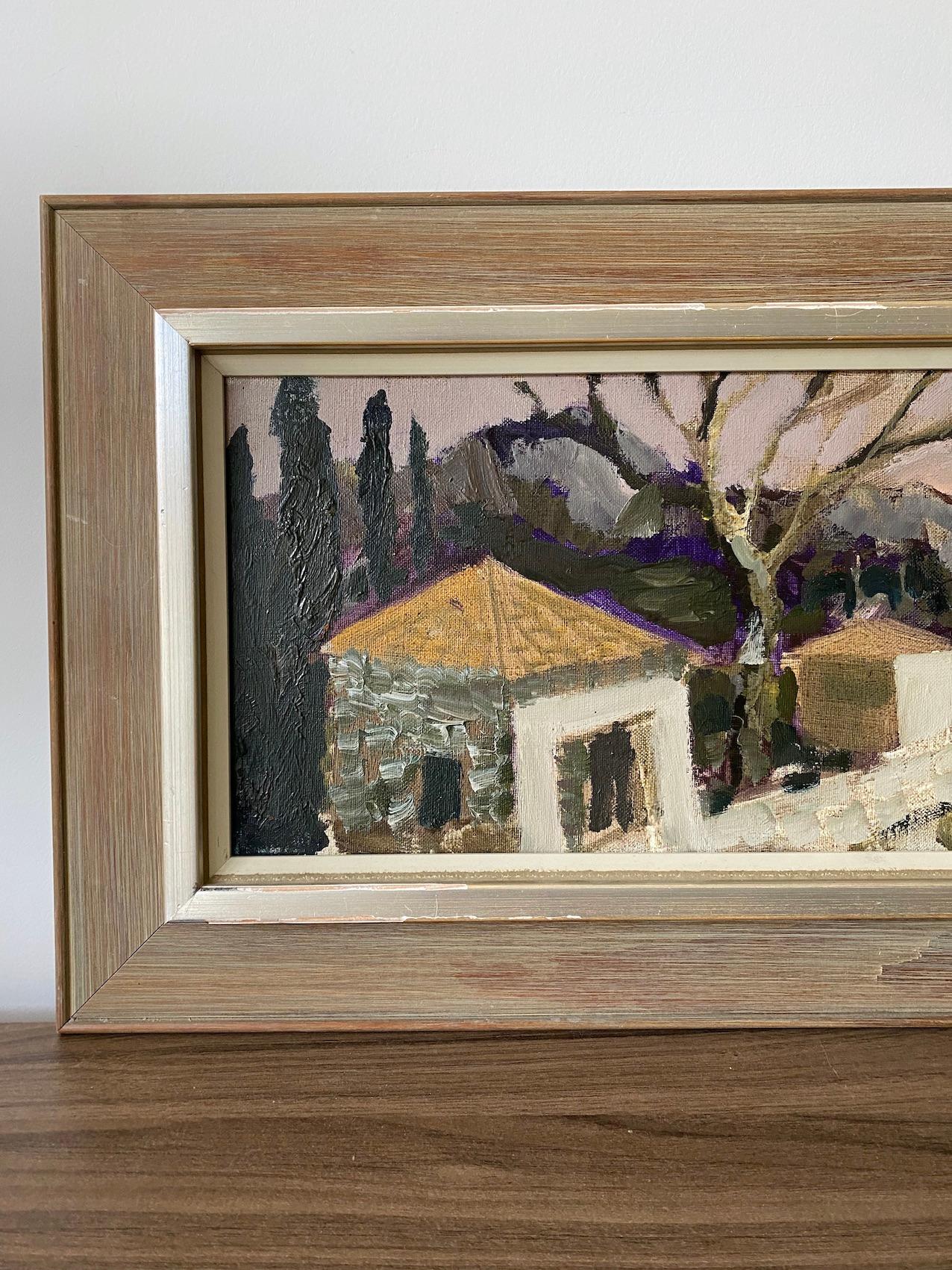 Sunset View
Size: 34.5 x 64 cm (including frame)
Oil on Canvas

A nostalgic mid century landscape in oil, painted onto canvas.

A row of small houses sit atop mountains looking over the landscape. A tree punctuates the middle of the foreground,