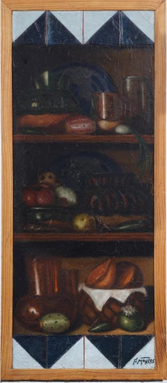 Vintage Trompe L'Oeil Kitchen Cabinet Framed Still Life Original Oil Painting