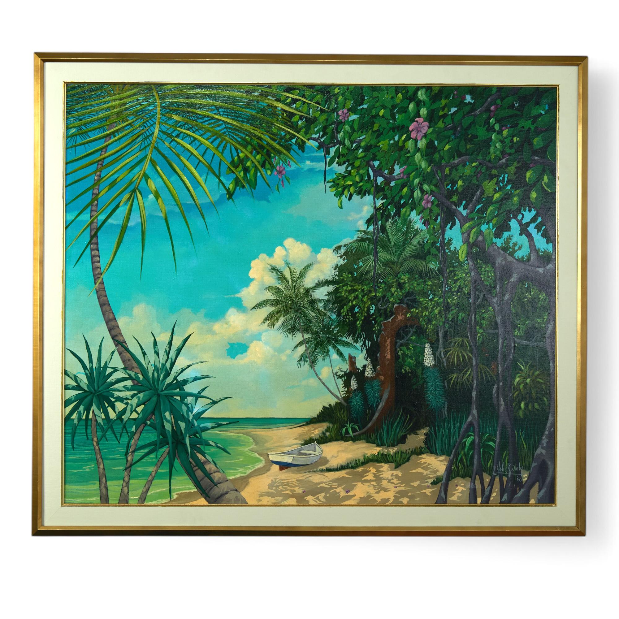 Peinture de paysage de plage tropical vintage de John Kiraly