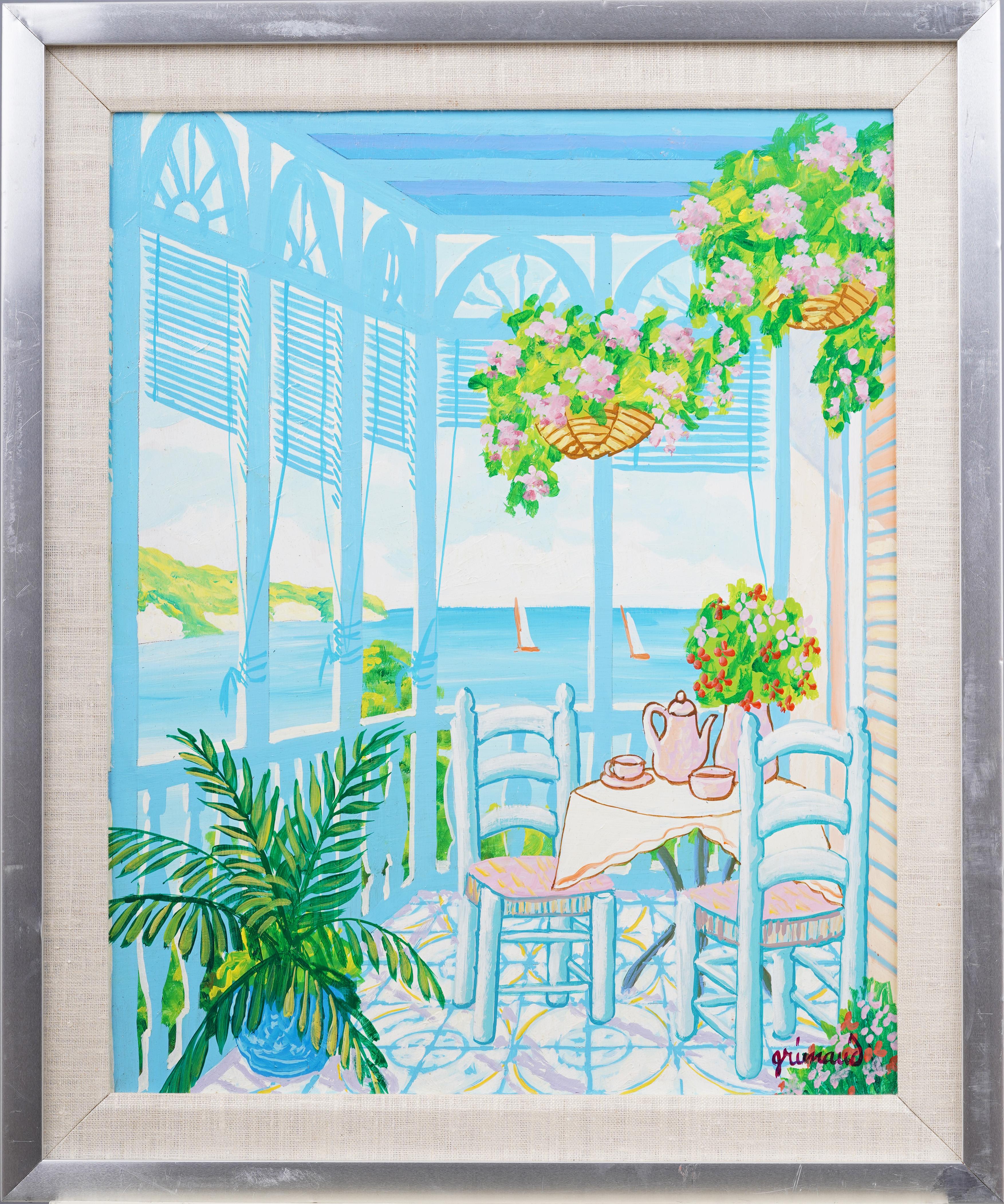 Vintage Caribbean signed tropical seaside balcony painting.  Great color and composition.  Framed.  Signed.