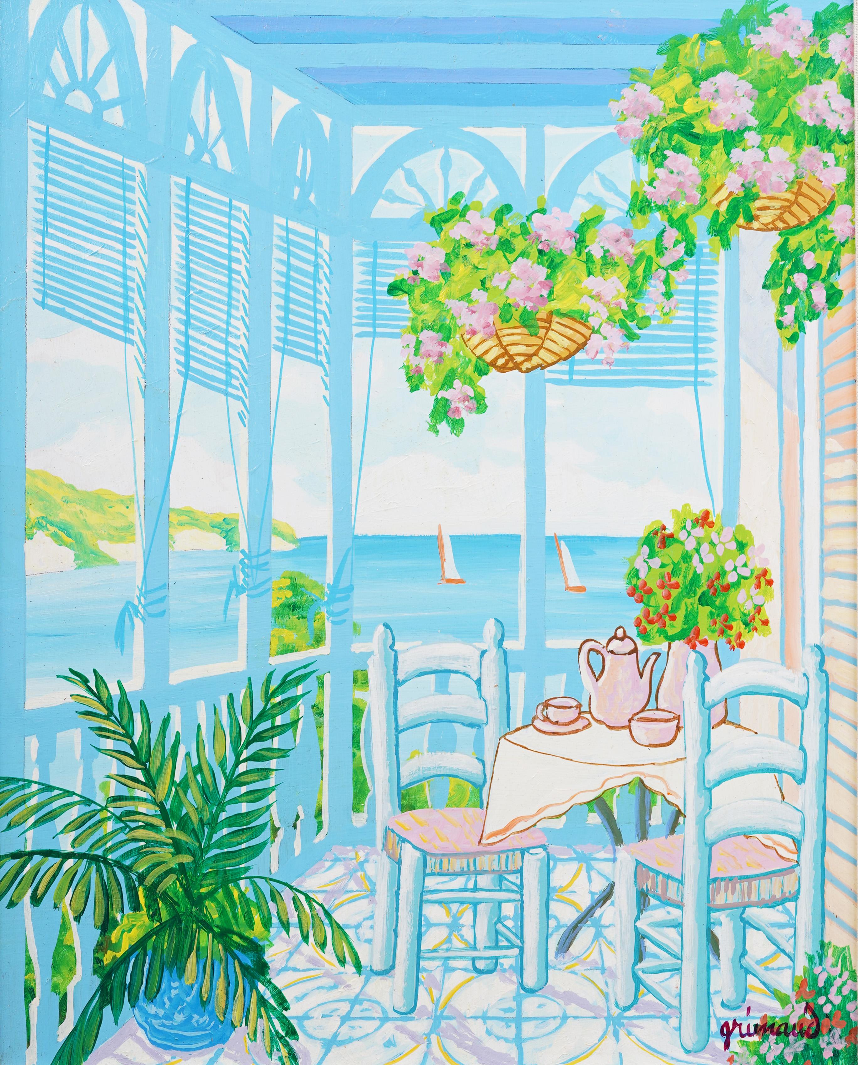 Vintage Tropical Caribbean Balcony Signed Framed Flower Landscape Oil Painting For Sale 1