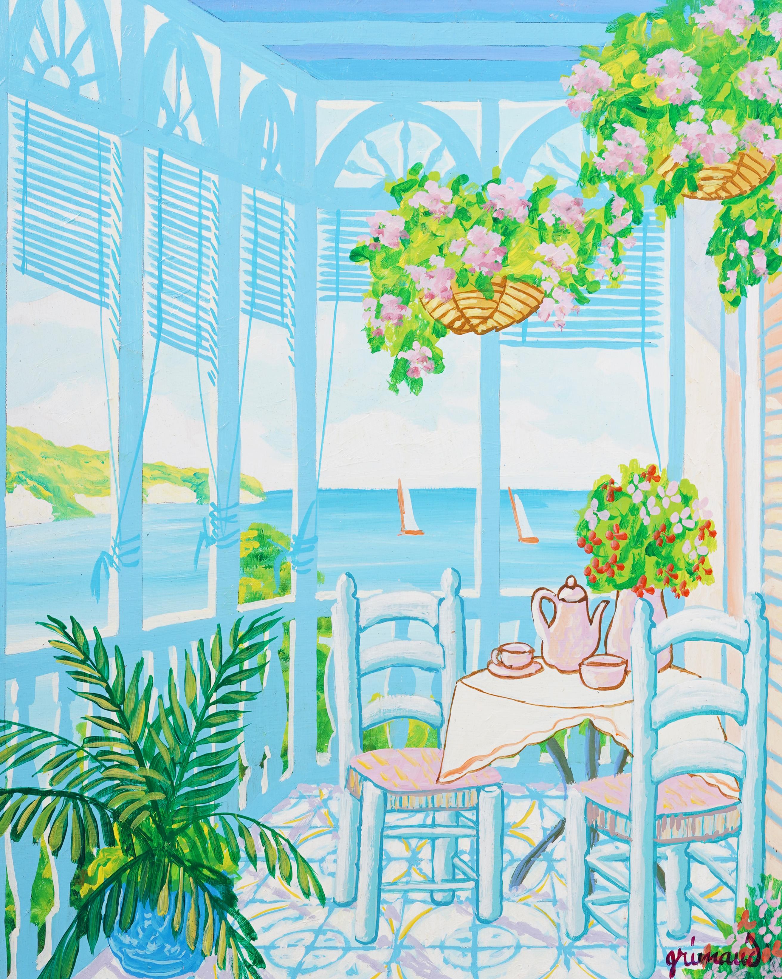 Peinture de balcon tropicale signée By Vintage Caribbean.  Superbe couleur et composition.  Encadré.  Signé.