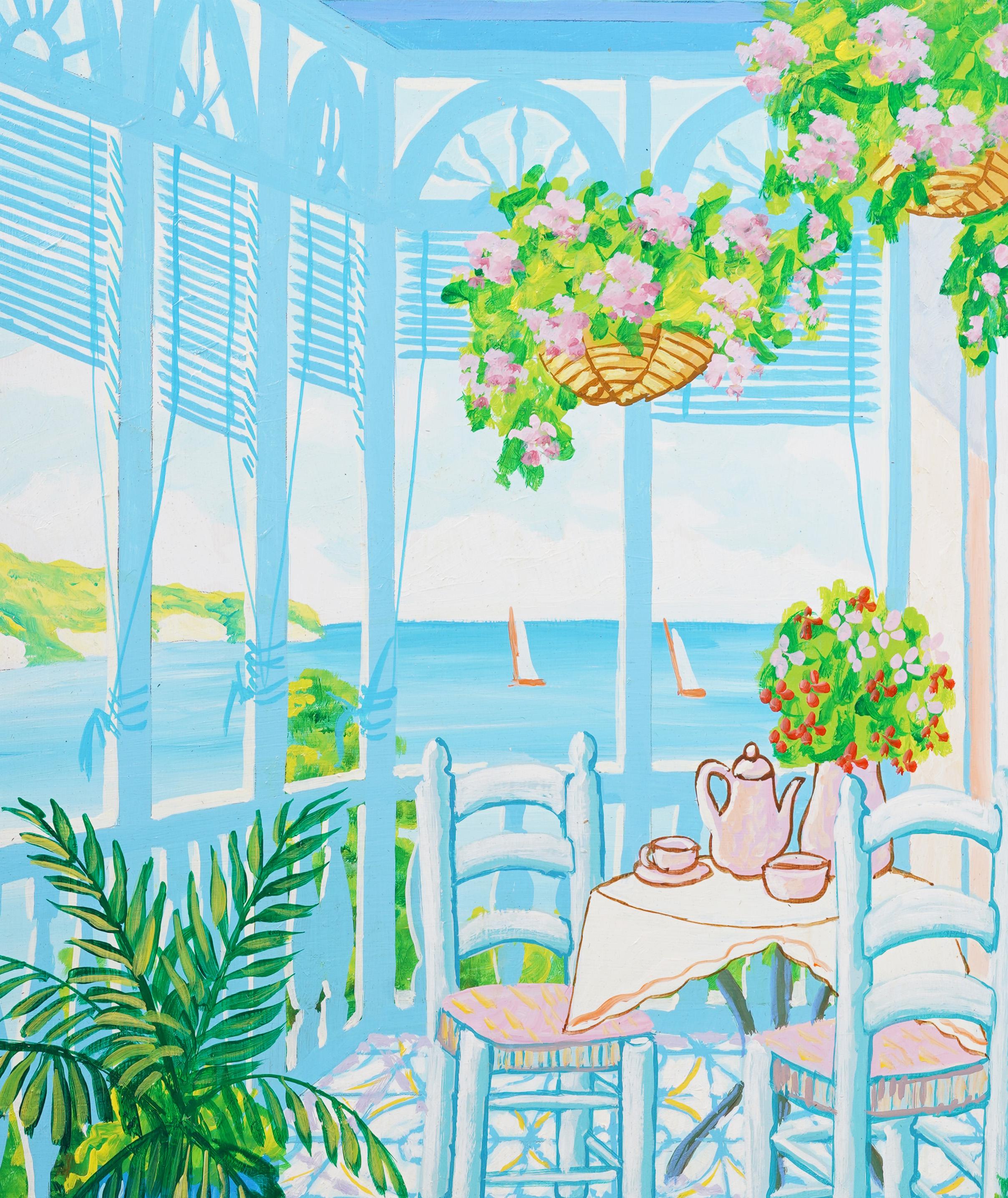 Peinture à l'huile vintage d'un balcon des Caraïbes tropicales encadrée et signée en vente 1