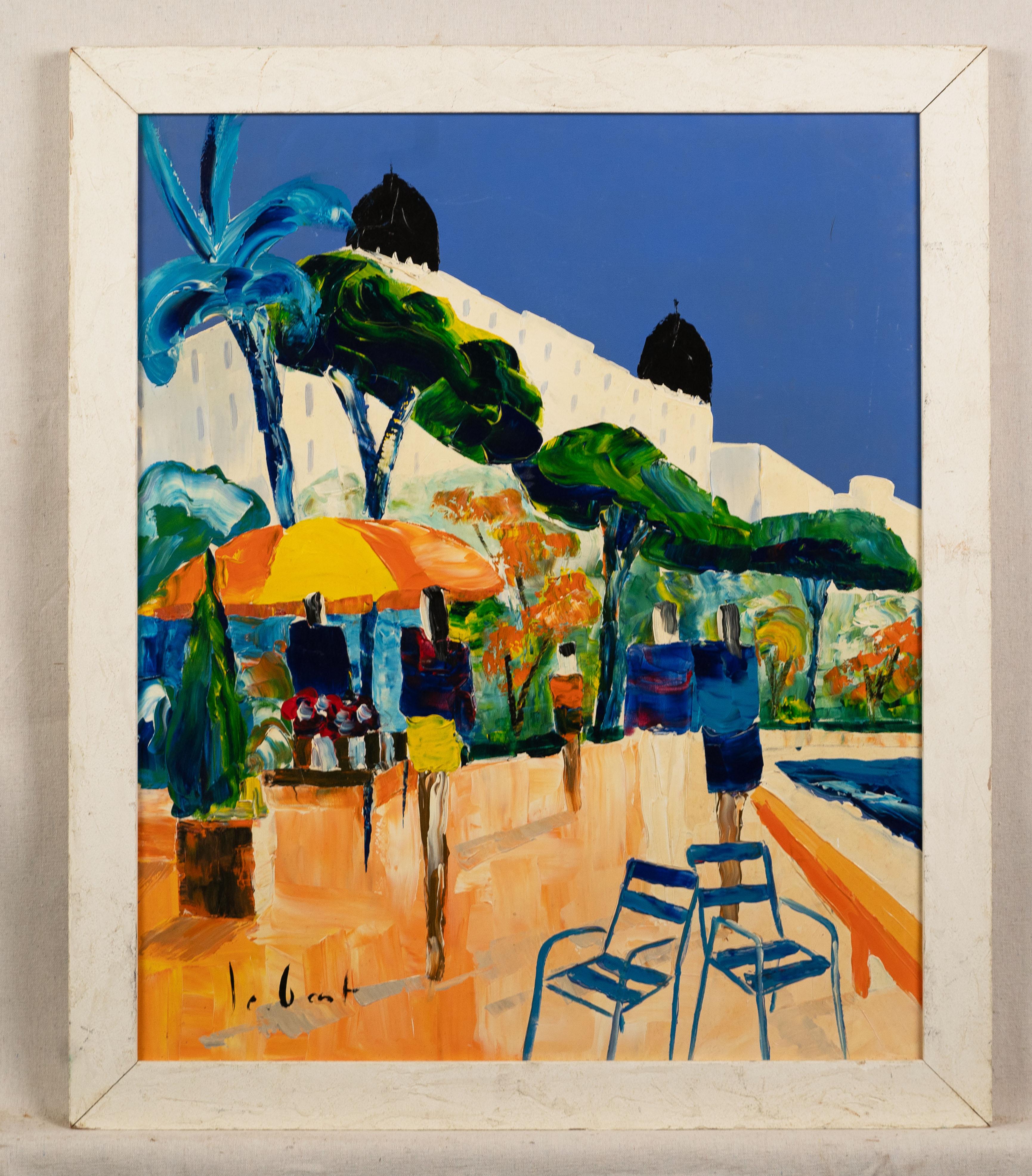 Vintage Tropical European Poolside Modernist Landscape Oil Painting For Sale 1