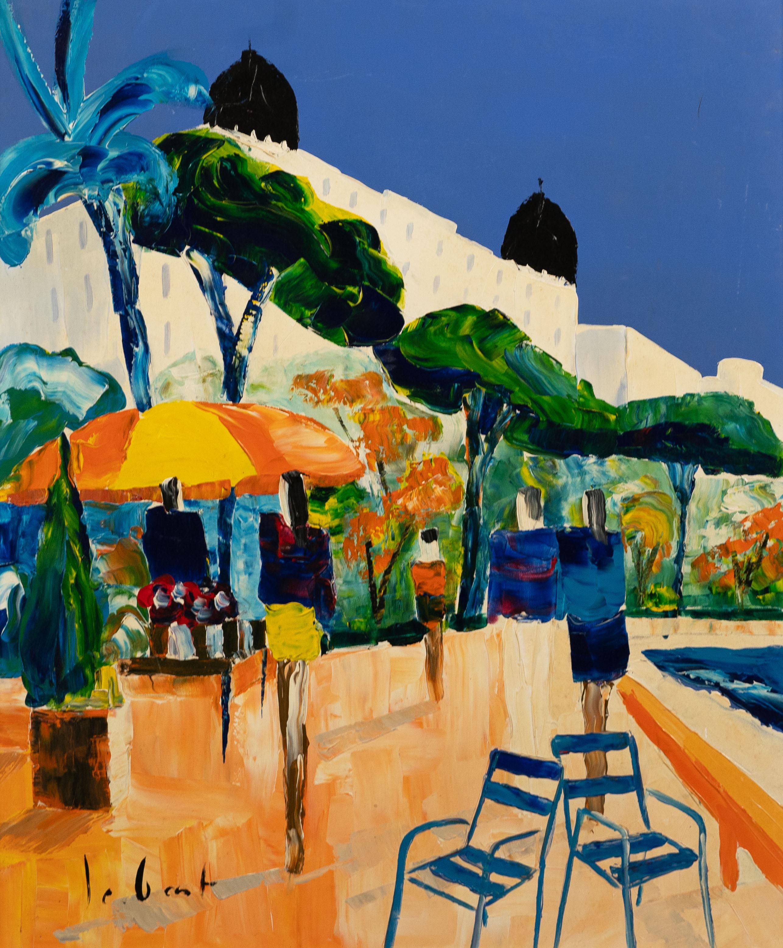 Vintage Tropical European Poolside Modernist Landscape Oil Painting For Sale 2