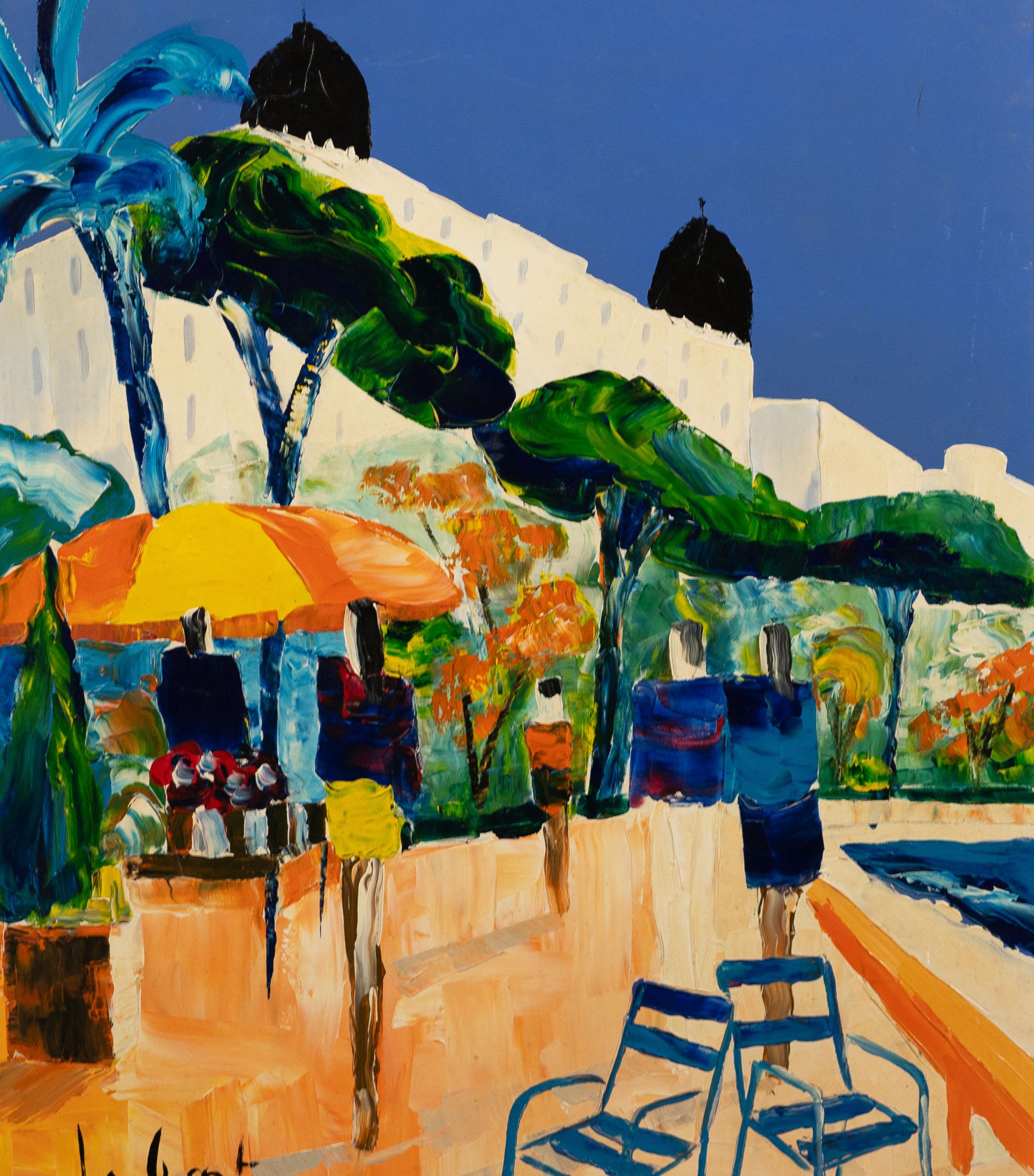 Vintage Tropical European Poolside Modernist Landscape Oil Painting For Sale 3