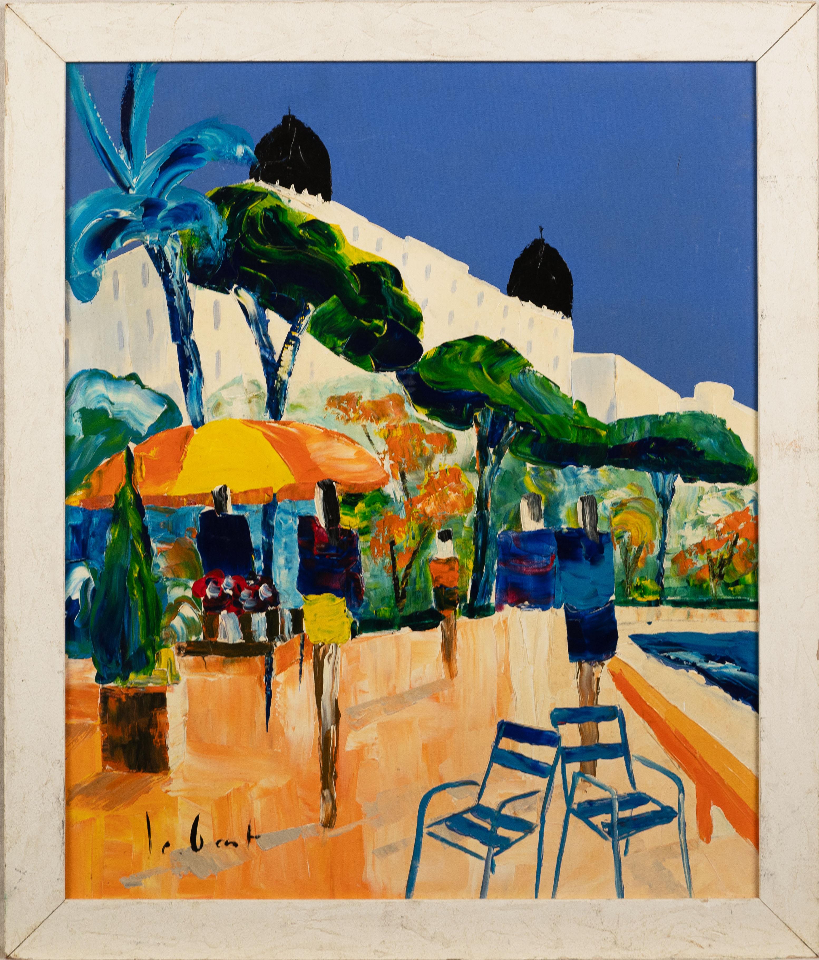 Unknown Landscape Painting - Vintage Tropical European Poolside Modernist Landscape Oil Painting