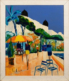 Vintage Tropical European Poolside Modernist Landscape Oil Painting