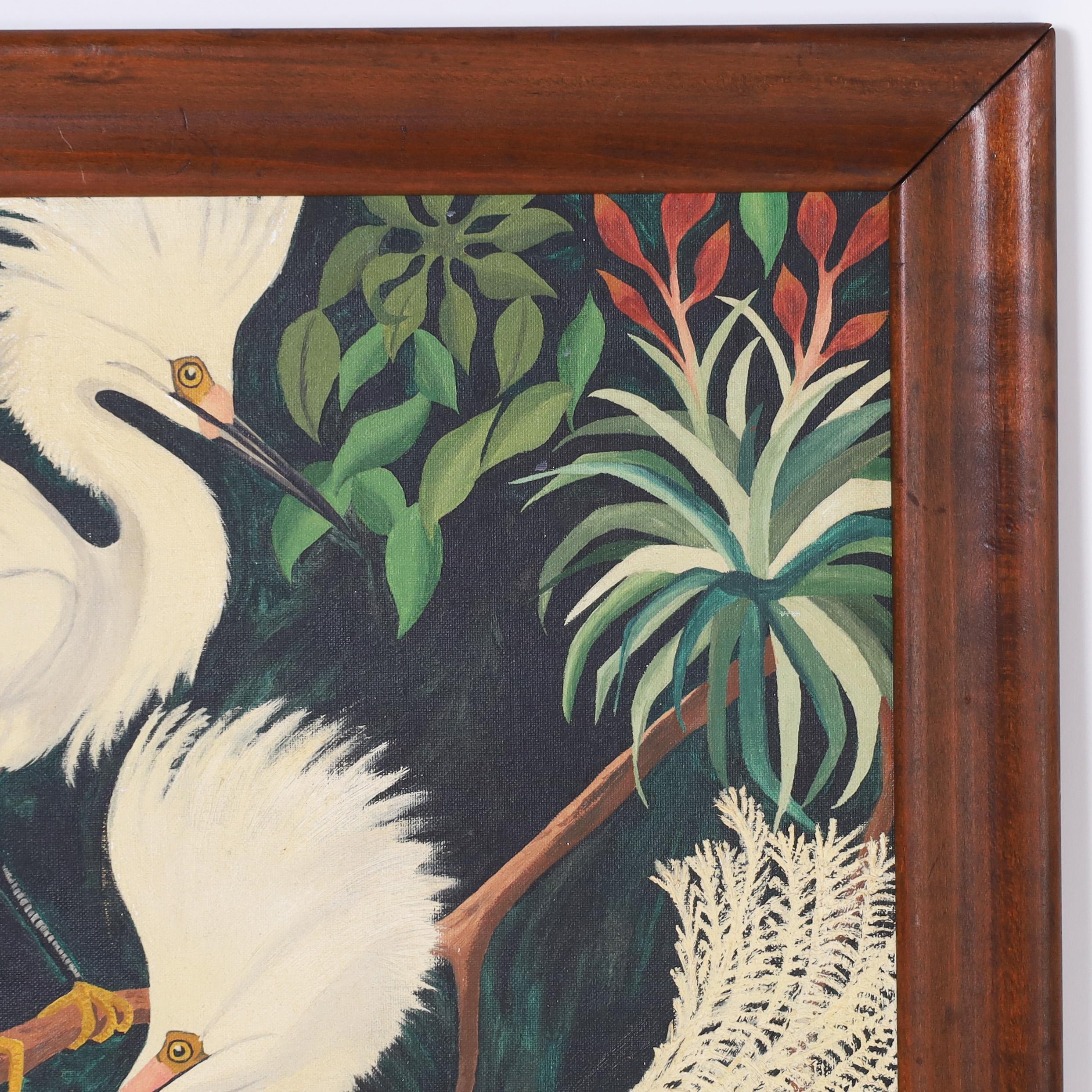 Vintage Tropical Oil Painting of Two Egrets in Mangrove  For Sale 1