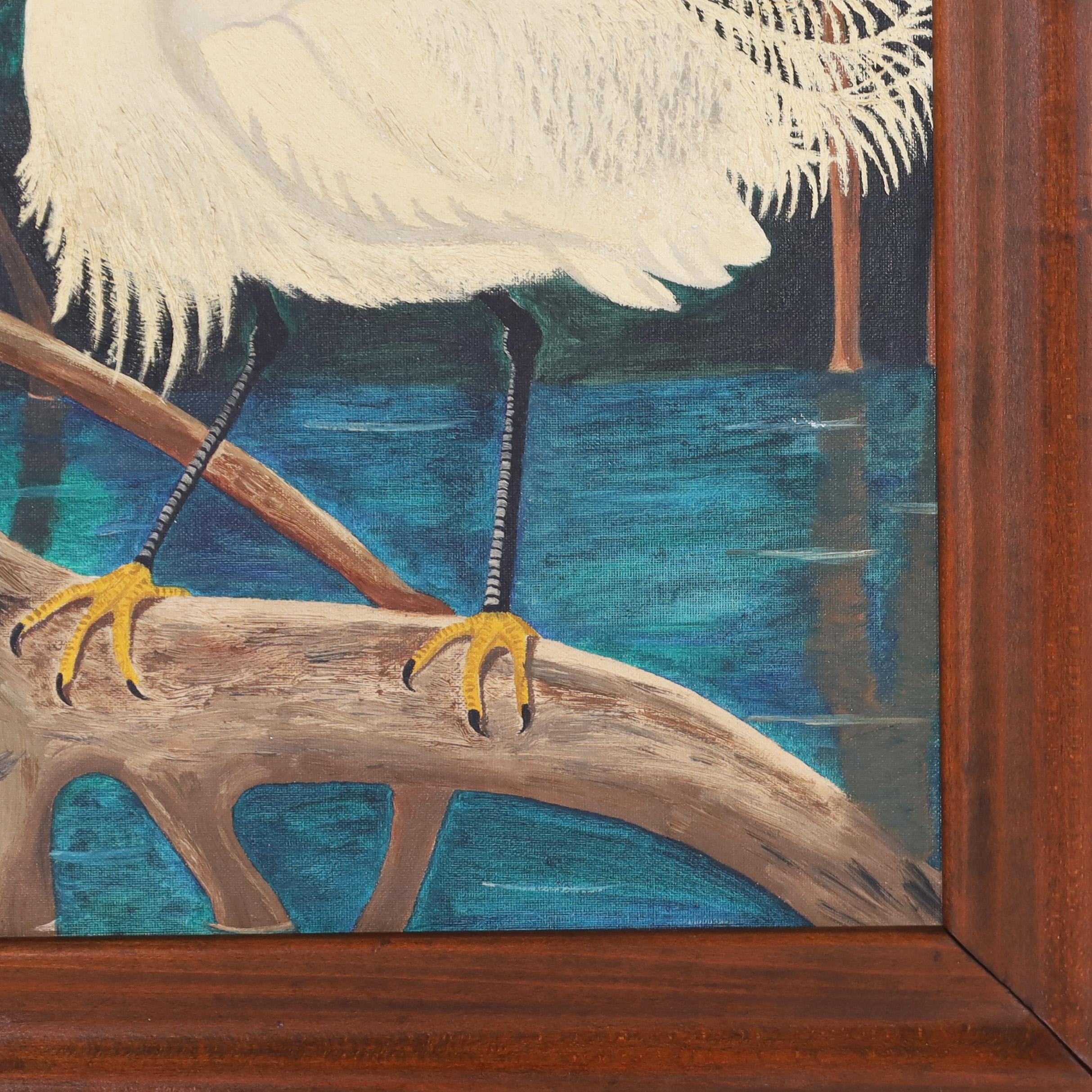Auffälliges Vintage-Ölgemälde auf Karton mit zwei Schneereihern in einer tropischen Umgebung mit Mangrovenbäumen und Blumen. Präsentiert im Original-Mahagoni-Rahmen.