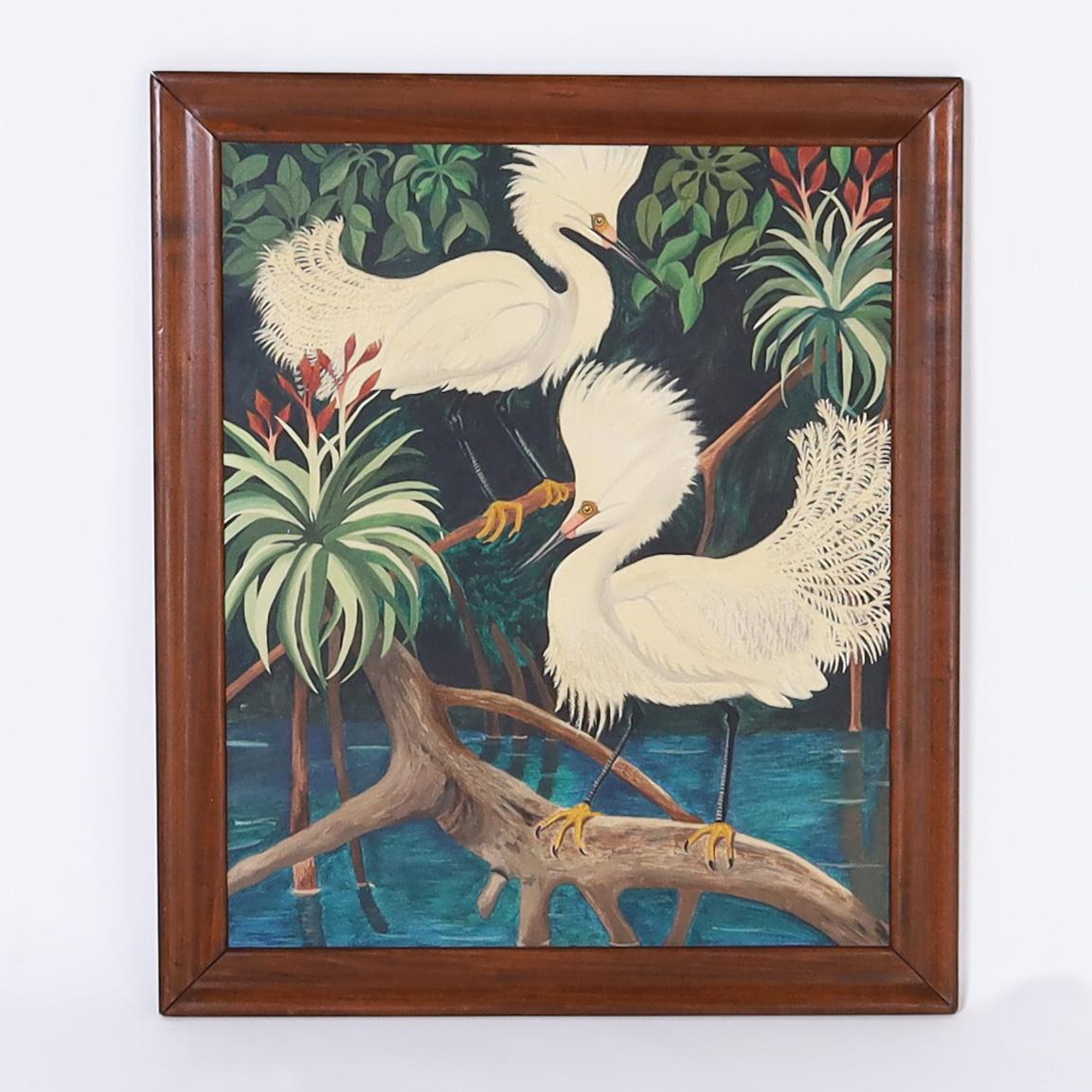 Unknown Animal Painting – Tropisches Vintage-Ölgemälde von zwei Egrets in Mangrove, Vintage 