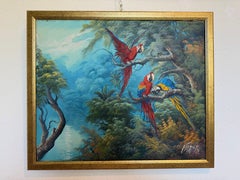 Vintage Tropical Parrot Oil Painting Signed 1996, Colorful Macaws Jungle Scene (peinture à l'huile de perroquets tropicaux signée en 1996)