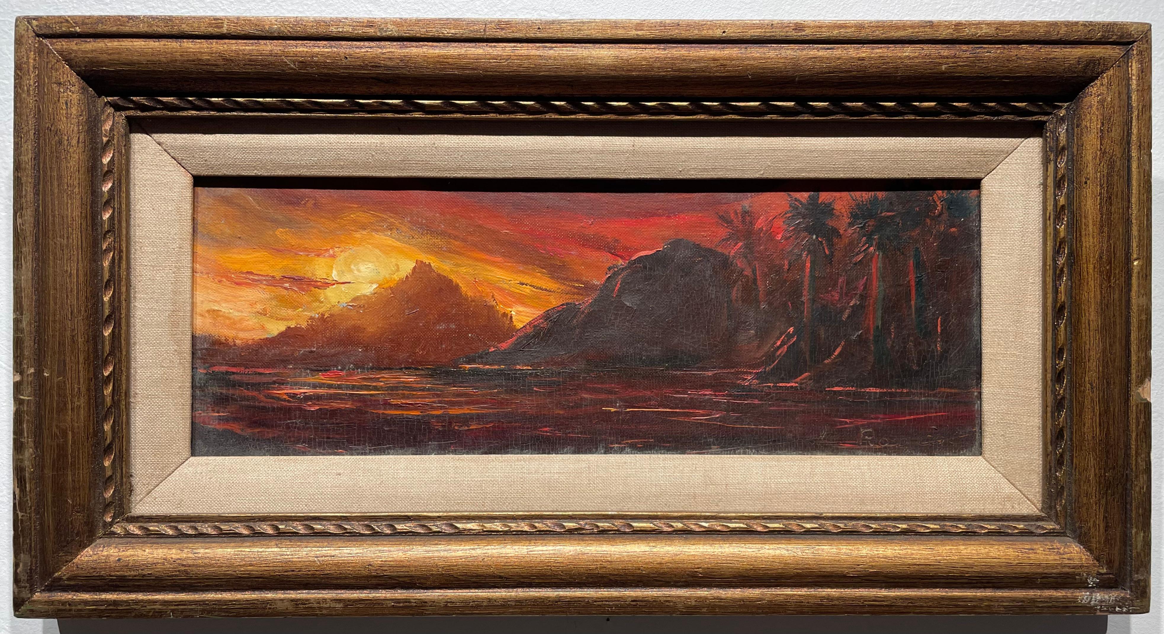 Unknown Abstract Painting - Vintage Tropical Sunset Landscape Oil Painting Signed Framed Original 