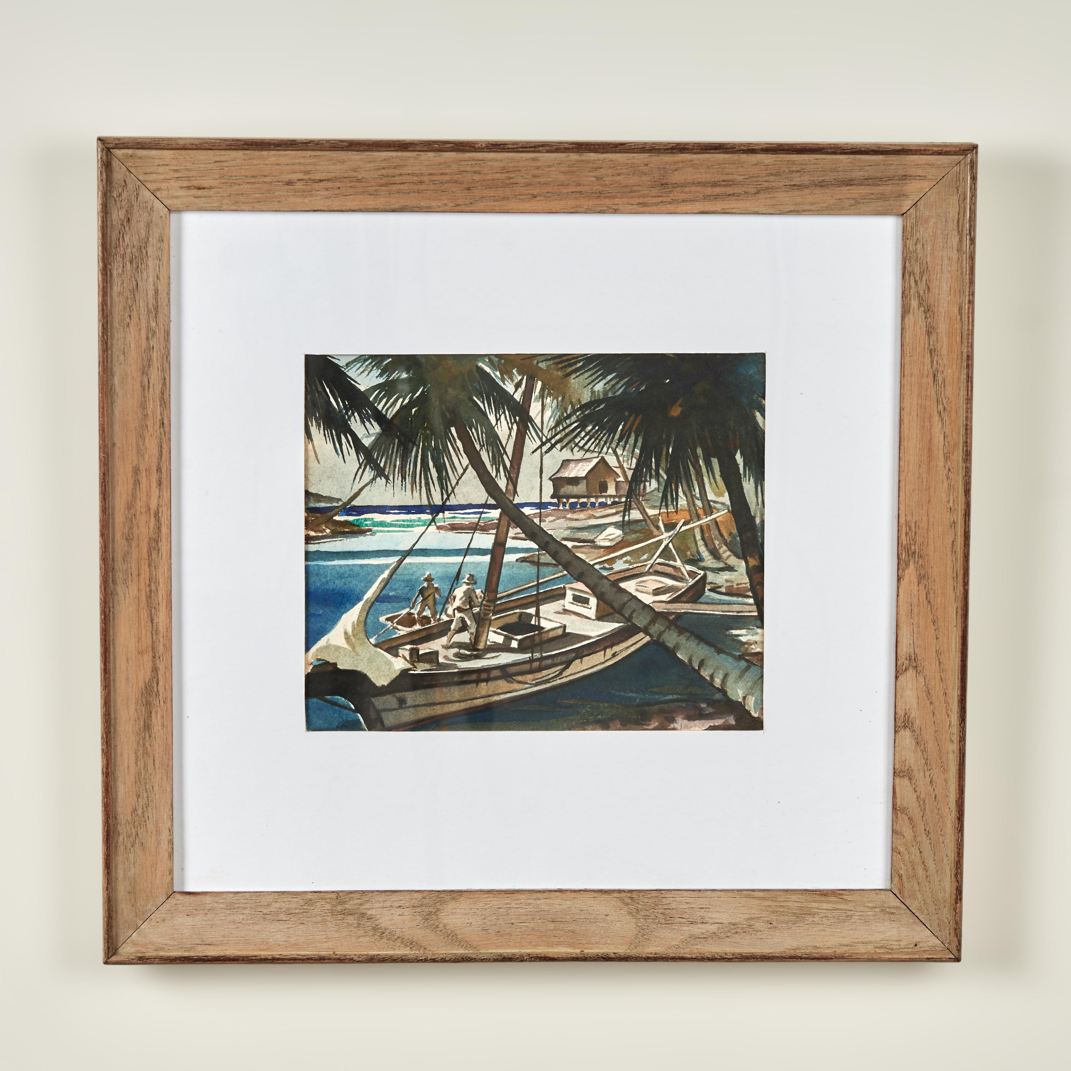 Unknown Landscape Painting – Vintage Tropical Aquarell mit Boot