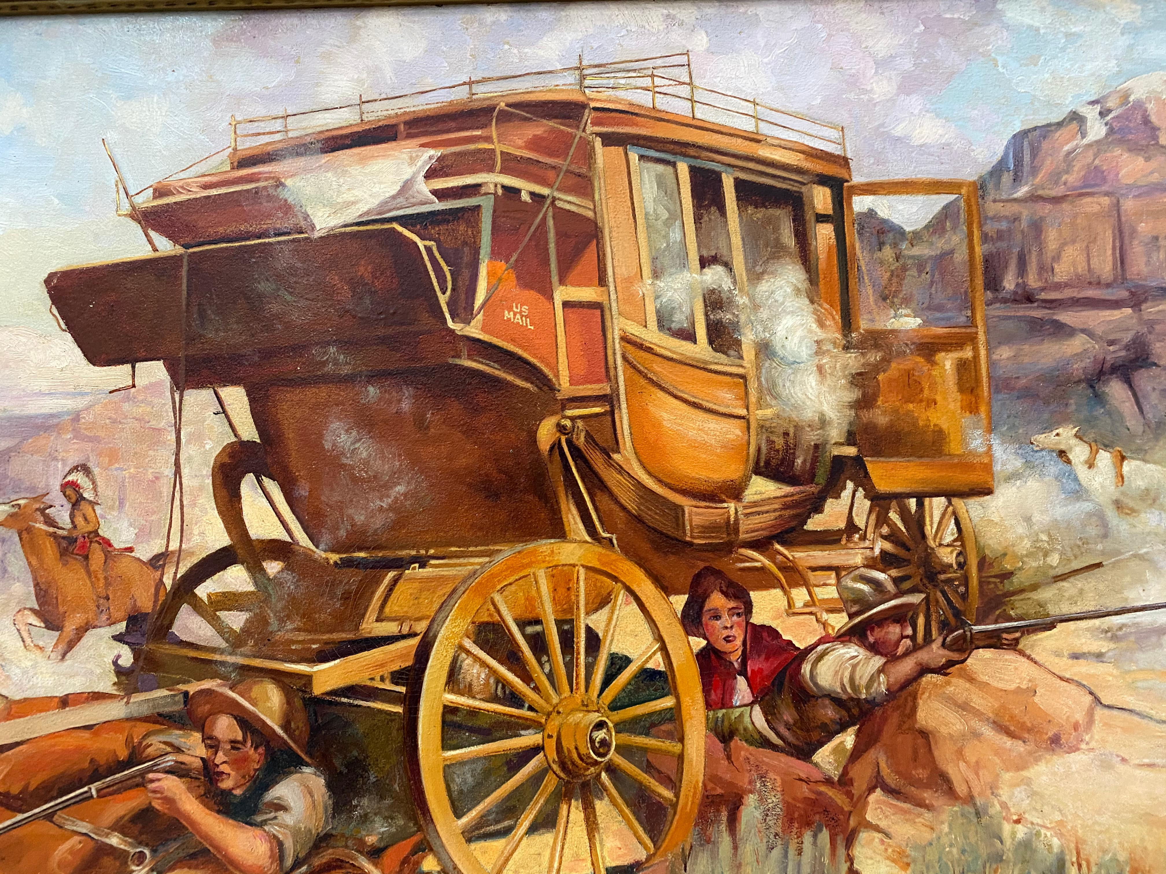 Vintage Western Wagon Ambush Gunfight Oil Painting by Edward Macstay C.1937 4