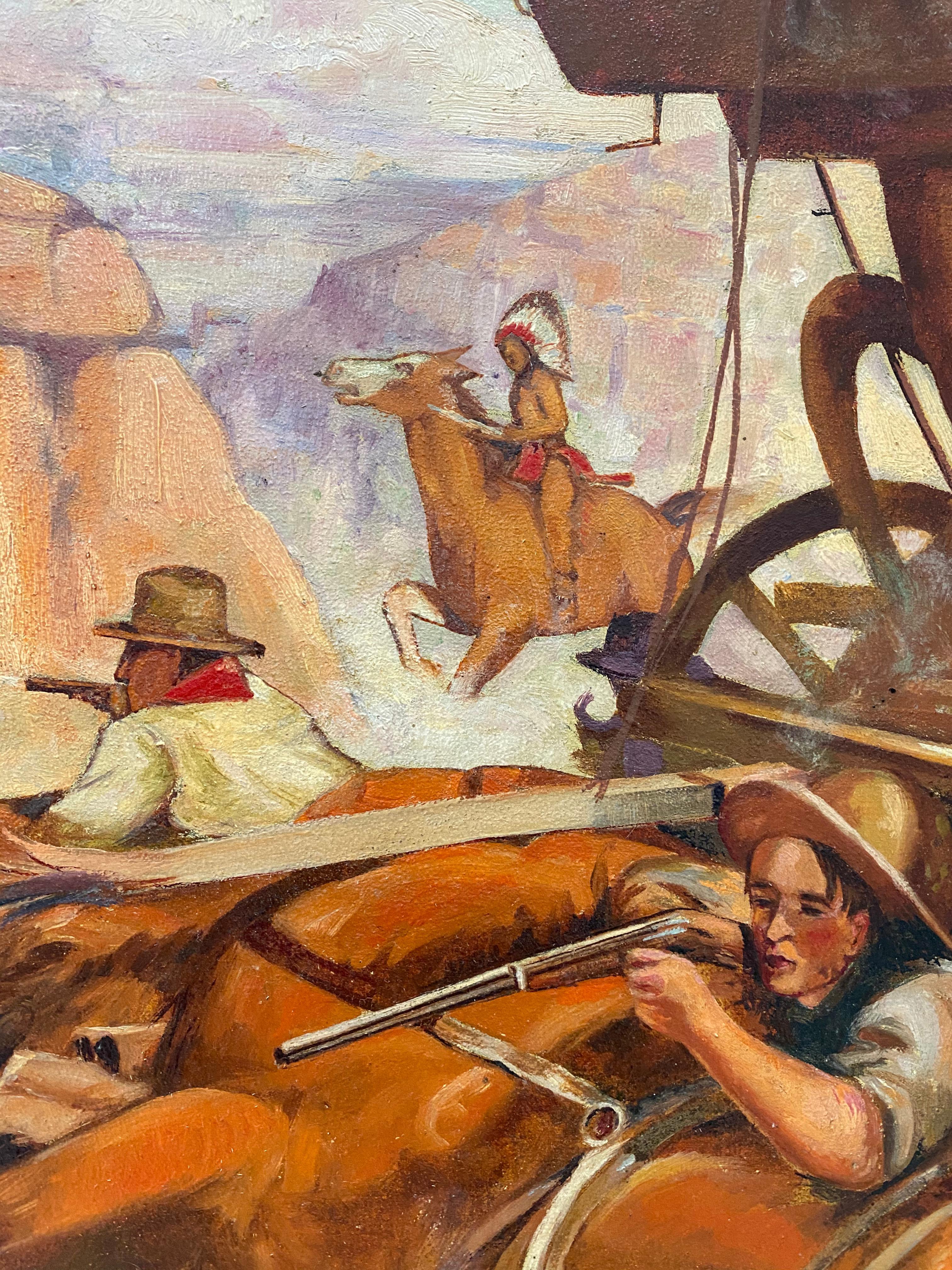 Vintage Western Wagon Ambush Gunfight Oil Painting by Edward Macstay C.1937 5