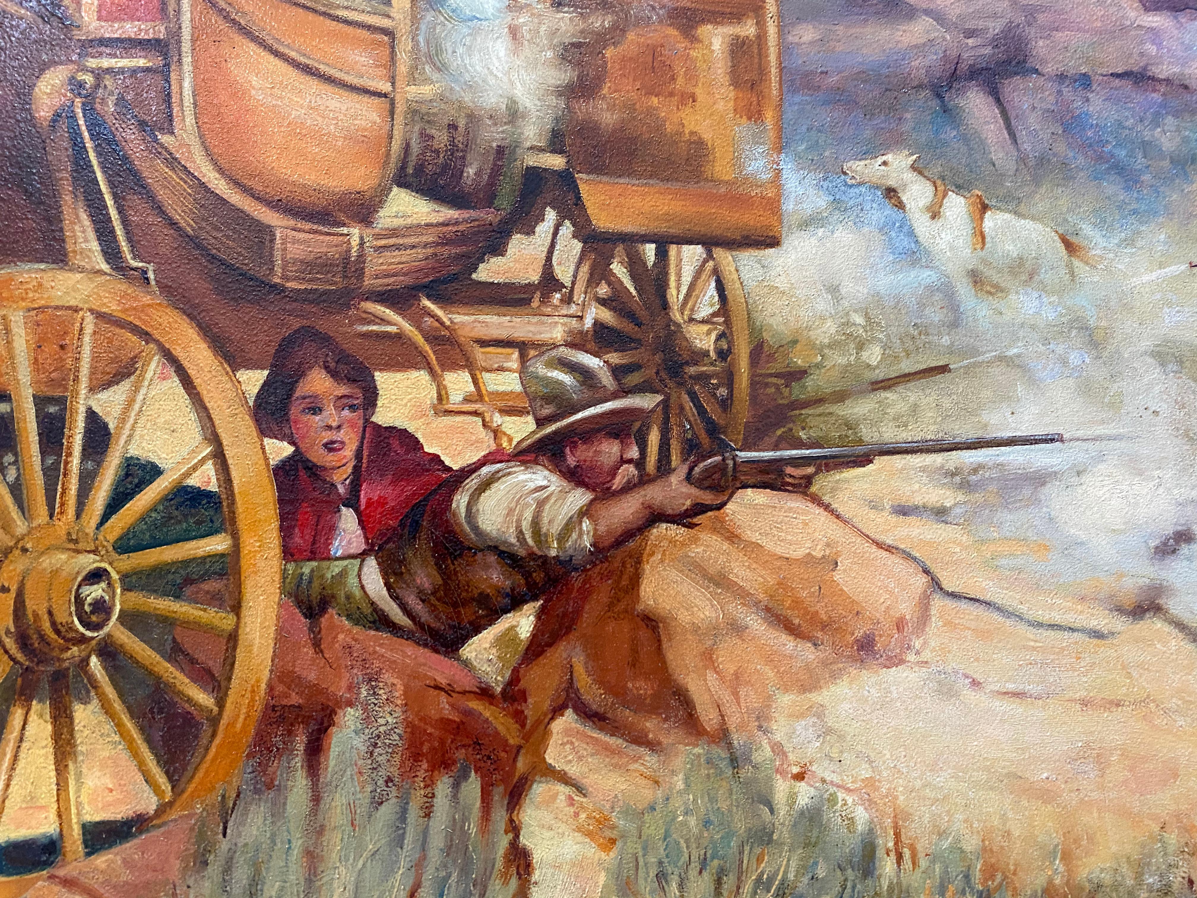 Vintage Western Wagon Ambush Gunfight Oil Painting by Edward Macstay C.1937 1