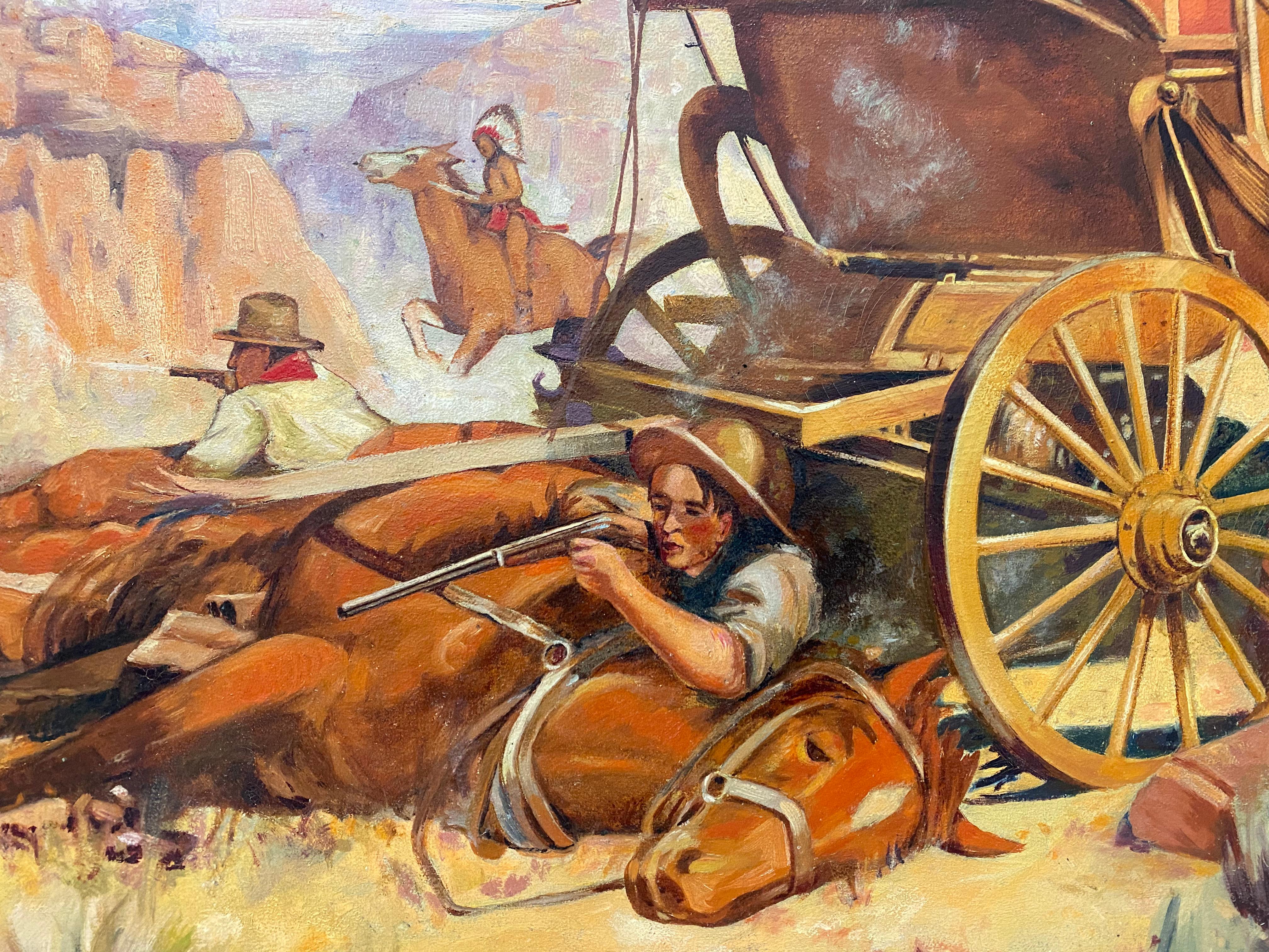 Vintage Western Wagon Ambush Gunfight Oil Painting by Edward Macstay C.1937 3
